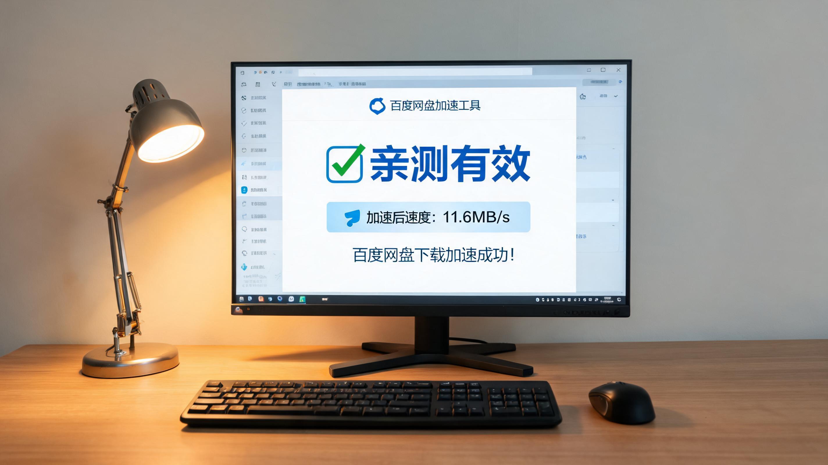 电脑桌上的电脑，屏幕显示百度网盘加速工具亲测有效界面，旁边放着台灯