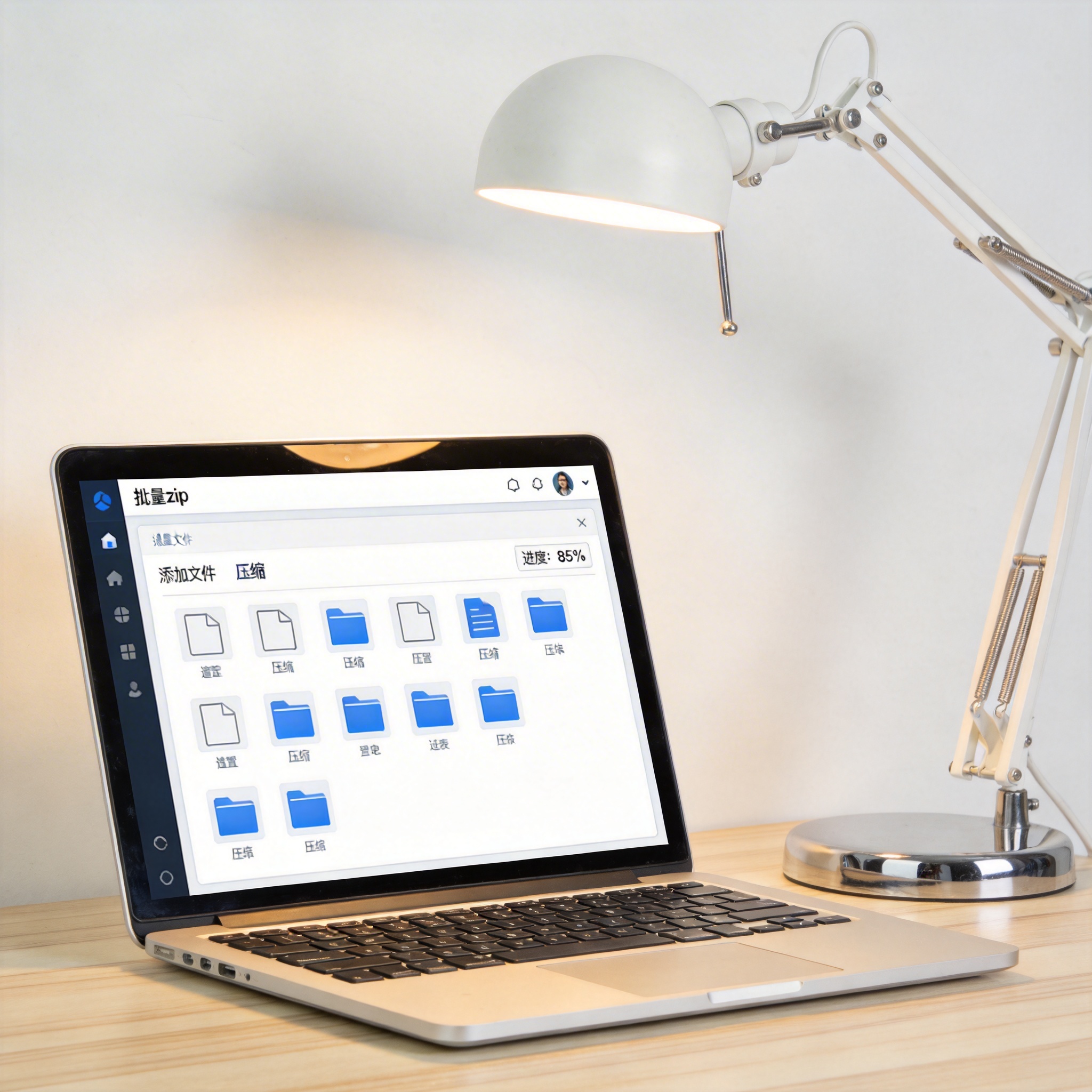 电脑桌上的电脑，屏幕显示批量 zip 文件压缩工具界面，旁边放着台灯