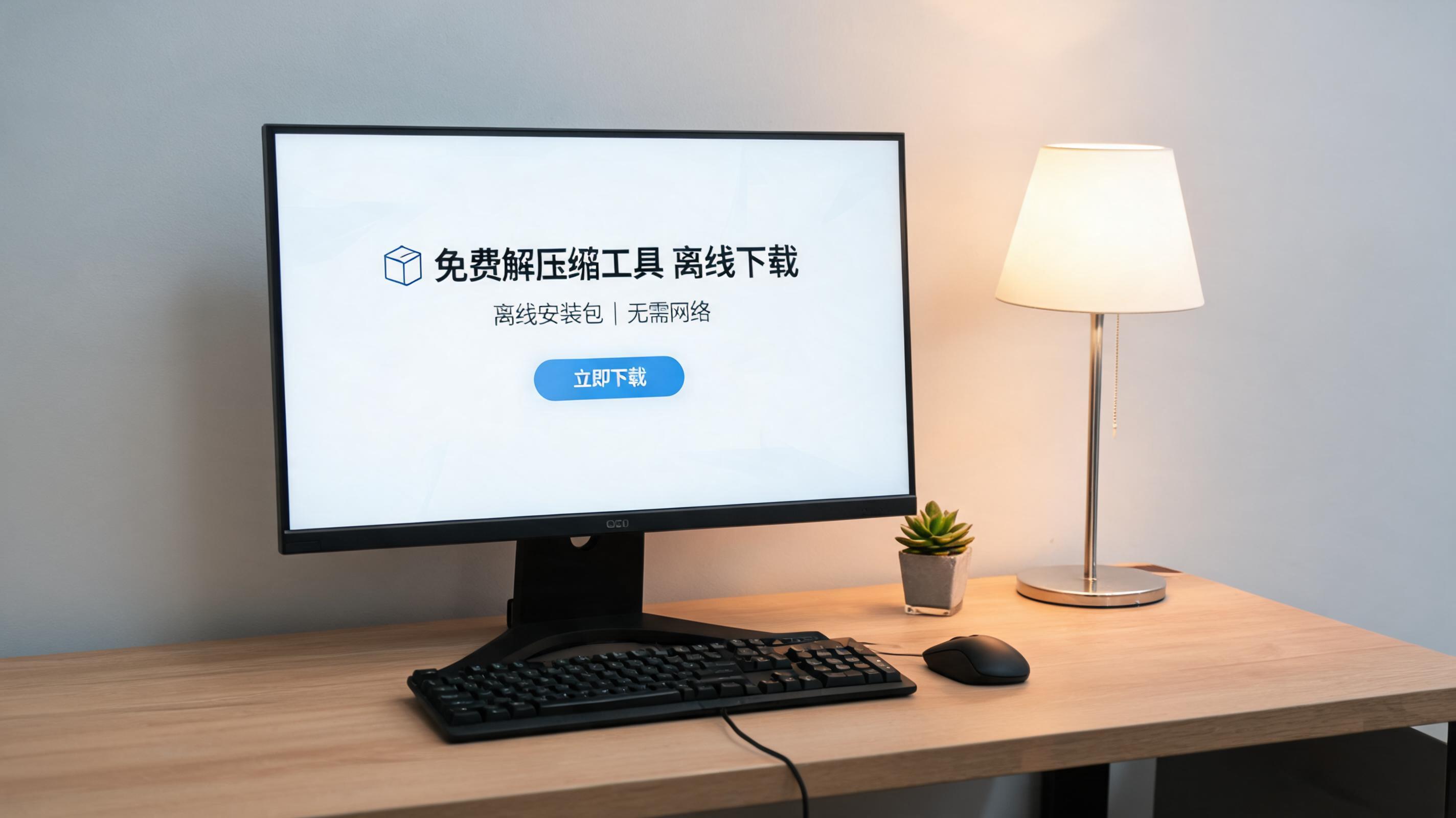电脑桌上的电脑，屏幕显示免费解压缩工具离线下载桌面，旁边放着台灯