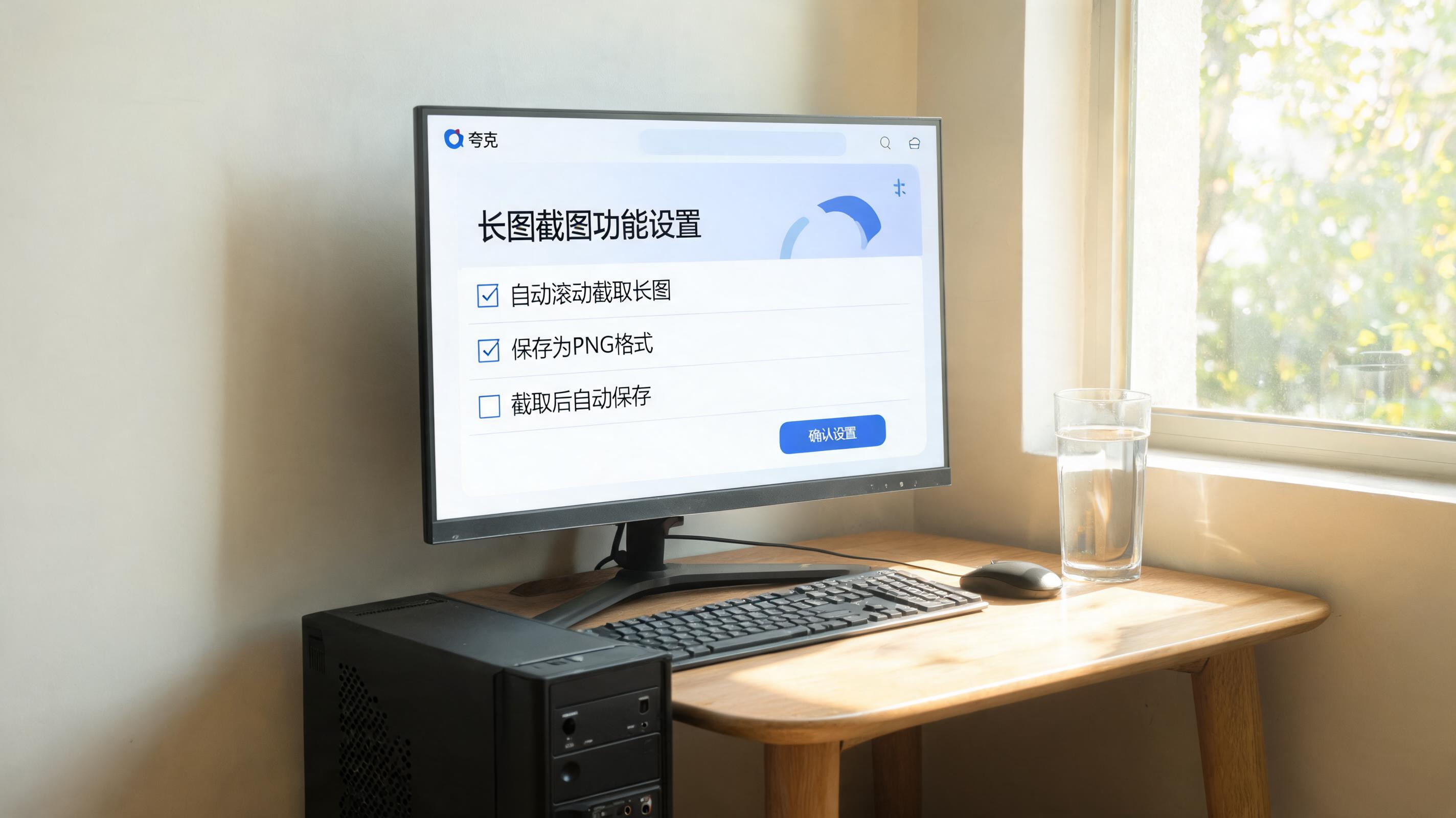 书桌上的主机，屏幕显示夸克浏览器截图长图功能设置界面，桌角放着水杯，自然光