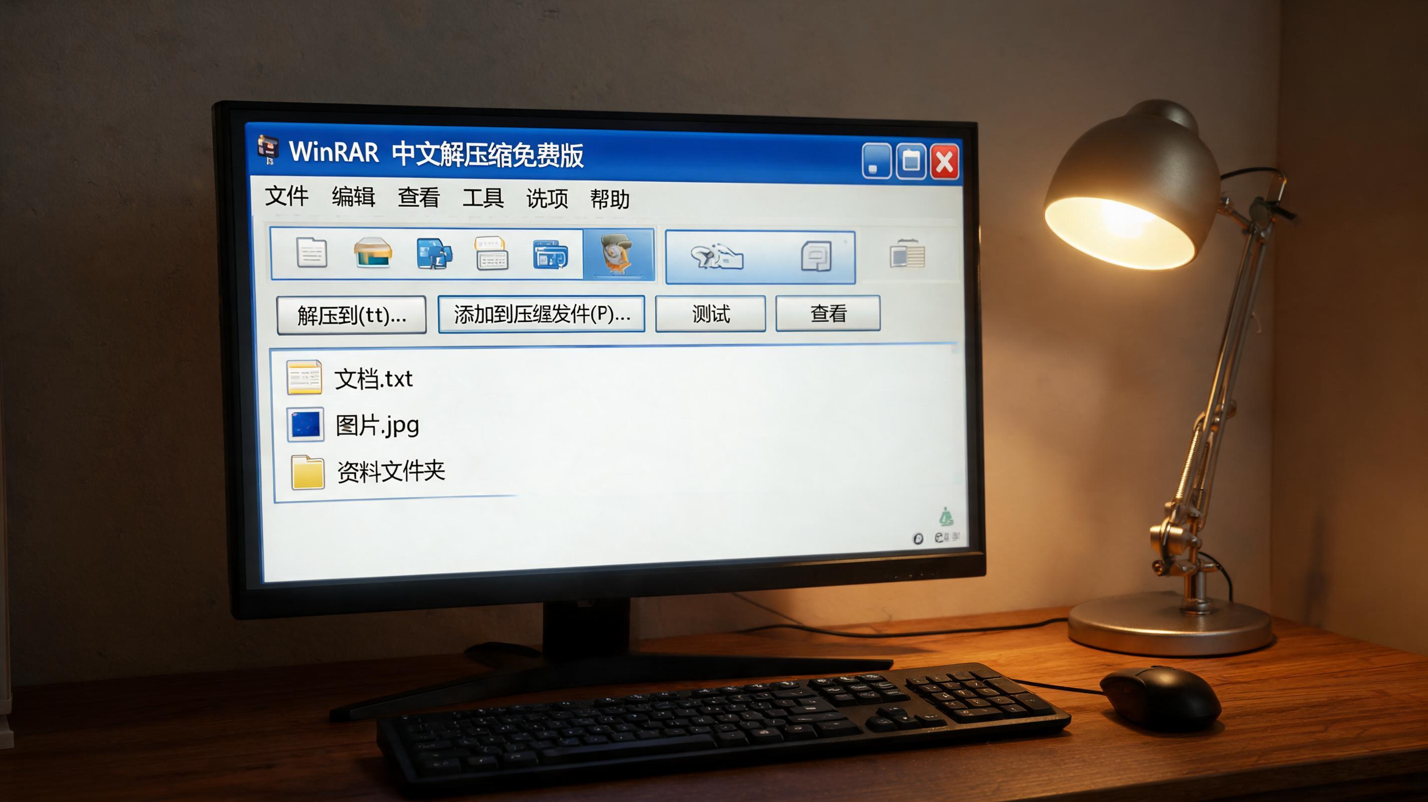 电脑桌上的电脑，屏幕显示winrar 中文解压缩免费版窗口，旁边放着台灯