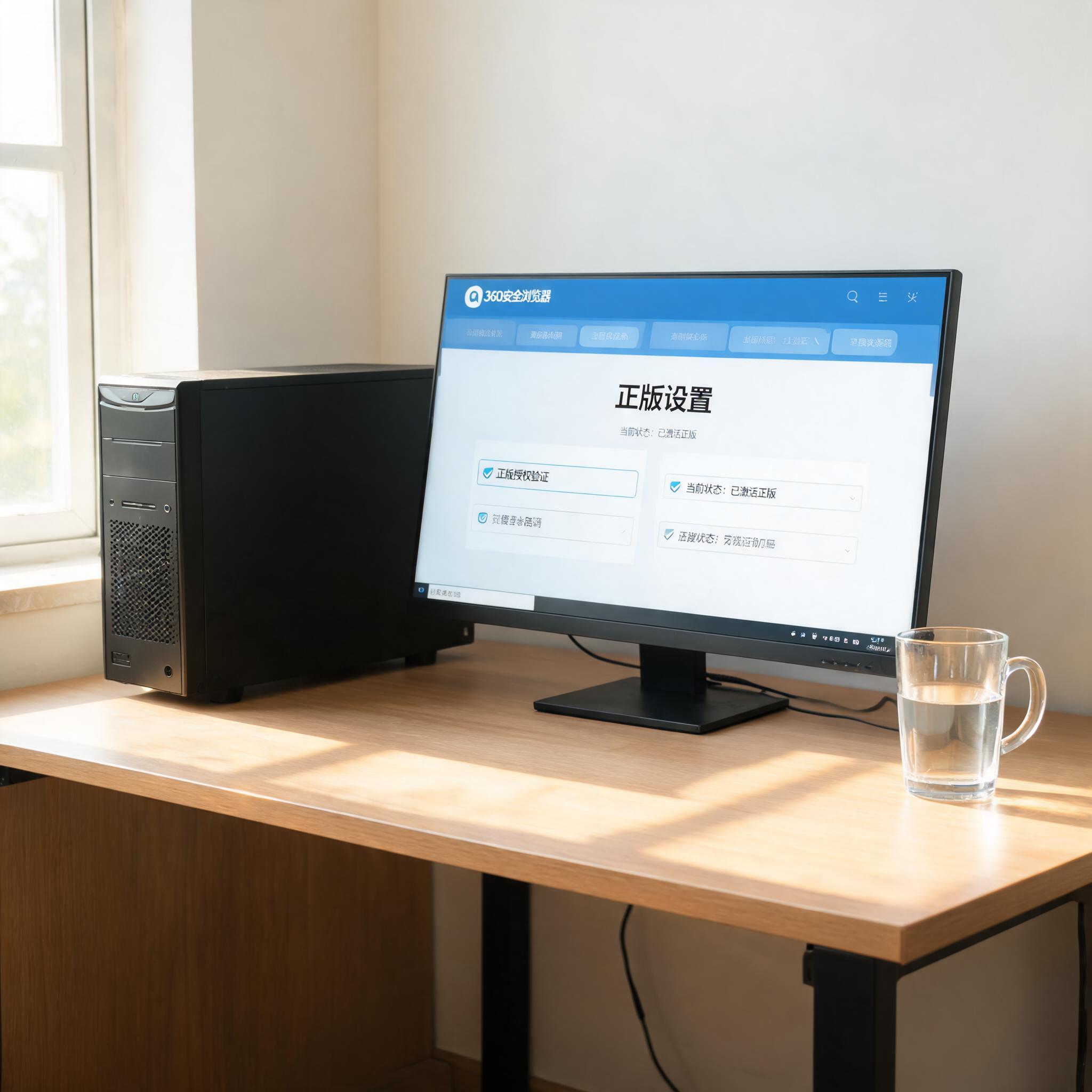 书桌上的主机，屏幕显示360 浏览器正版设置界面，桌角放着水杯，自然光