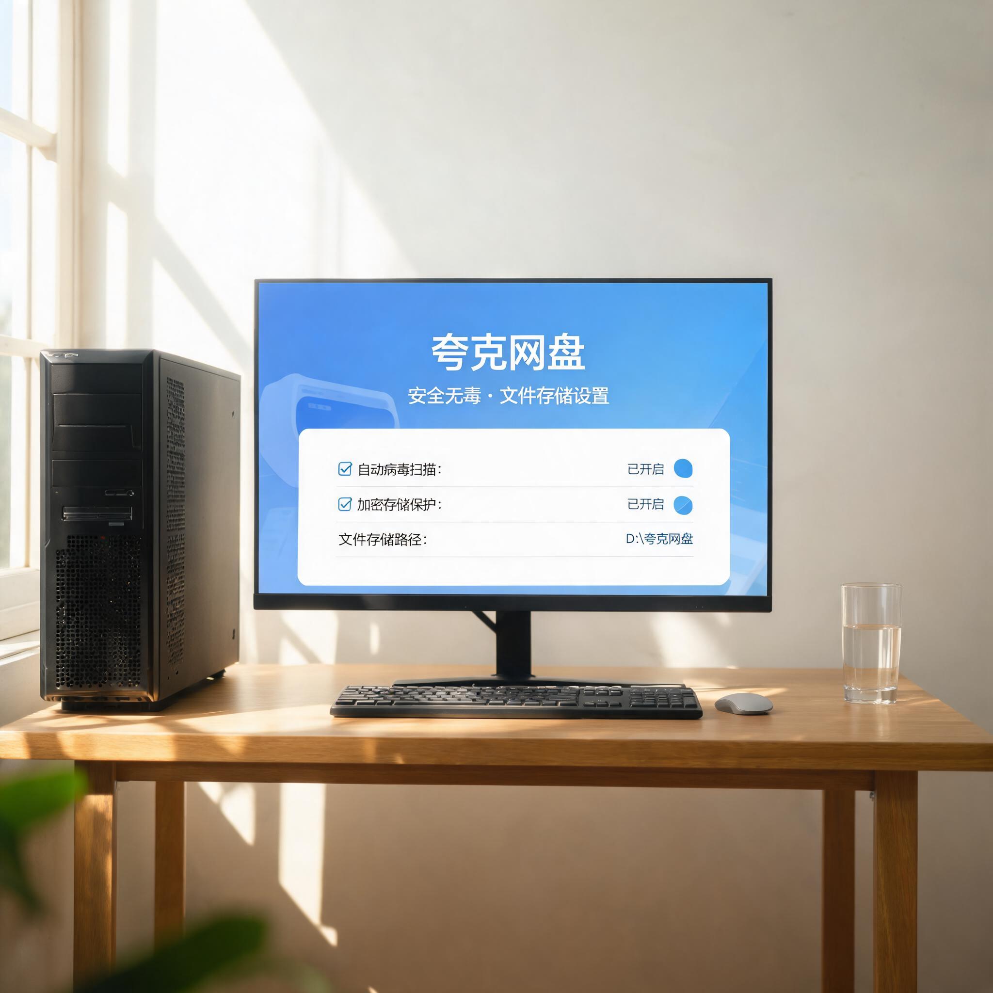 书桌上的主机，屏幕显示夸克网盘安全无毒文件存储设置界面，桌角放着水杯，自然光