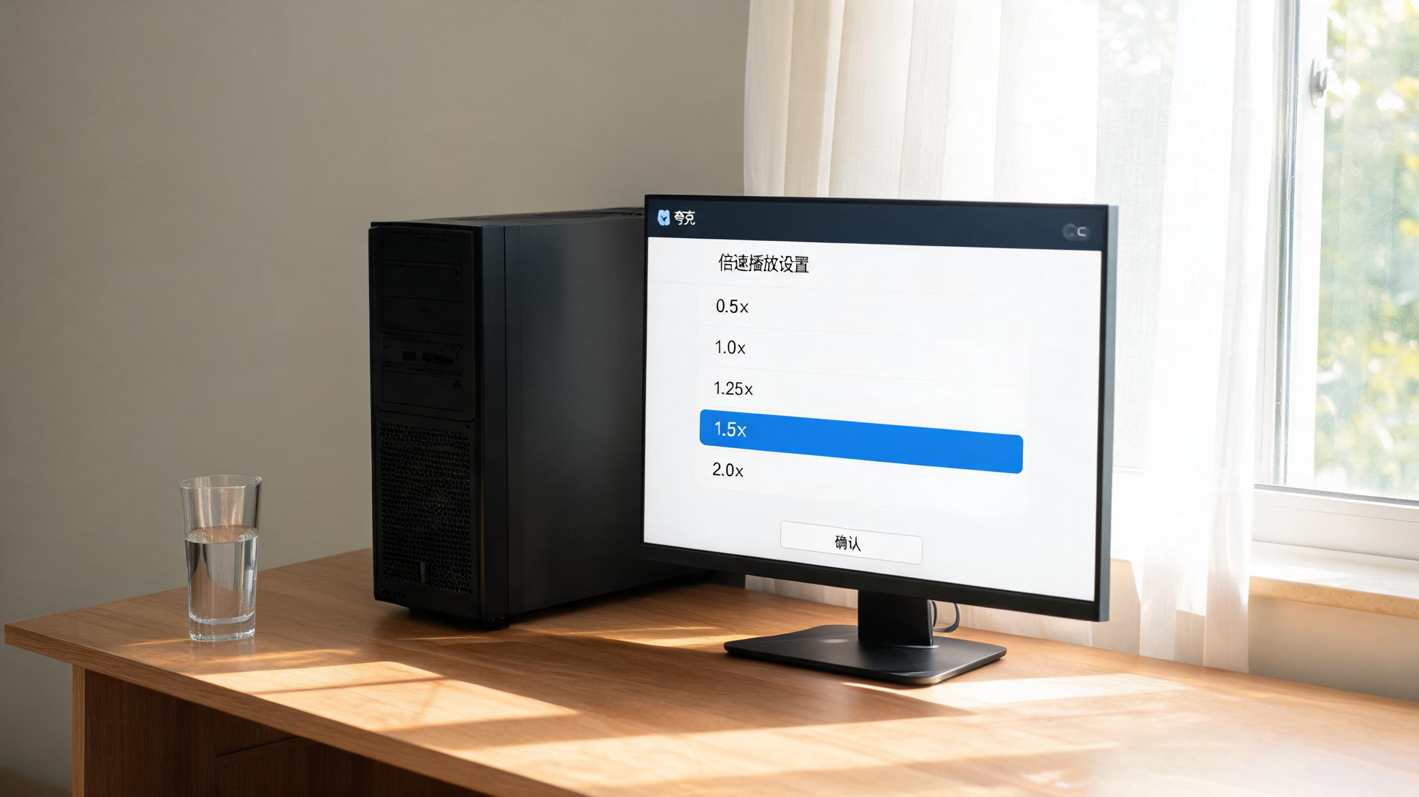 书桌上的主机，屏幕显示夸克浏览器视频倍速播放设置界面，桌角放着水杯，自然光