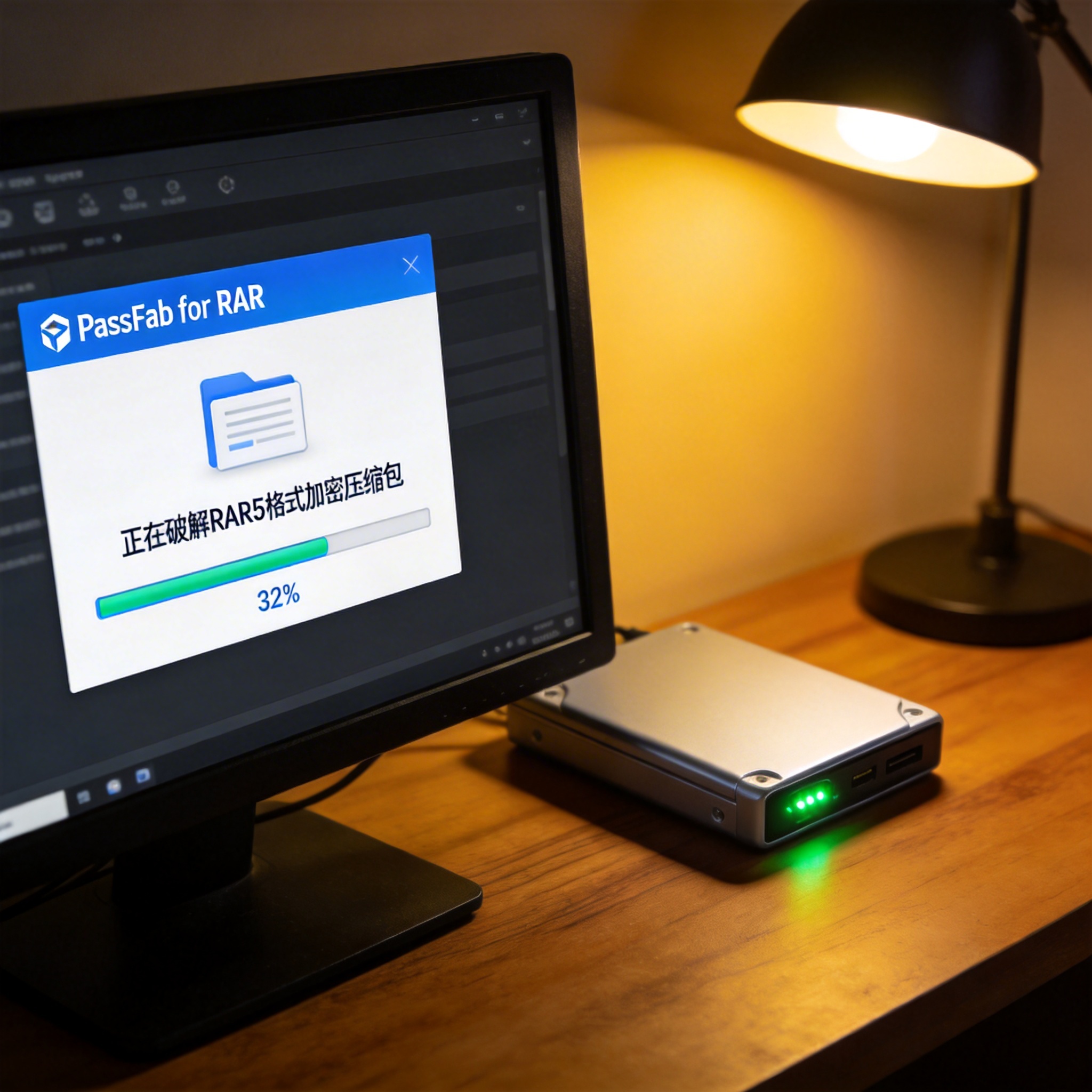 书桌的台式机屏幕显示PassFab for RAR软件界面，正在破解RAR5格式加密压缩包，进度条显示32%，旁边放着外接硬盘，台灯光线