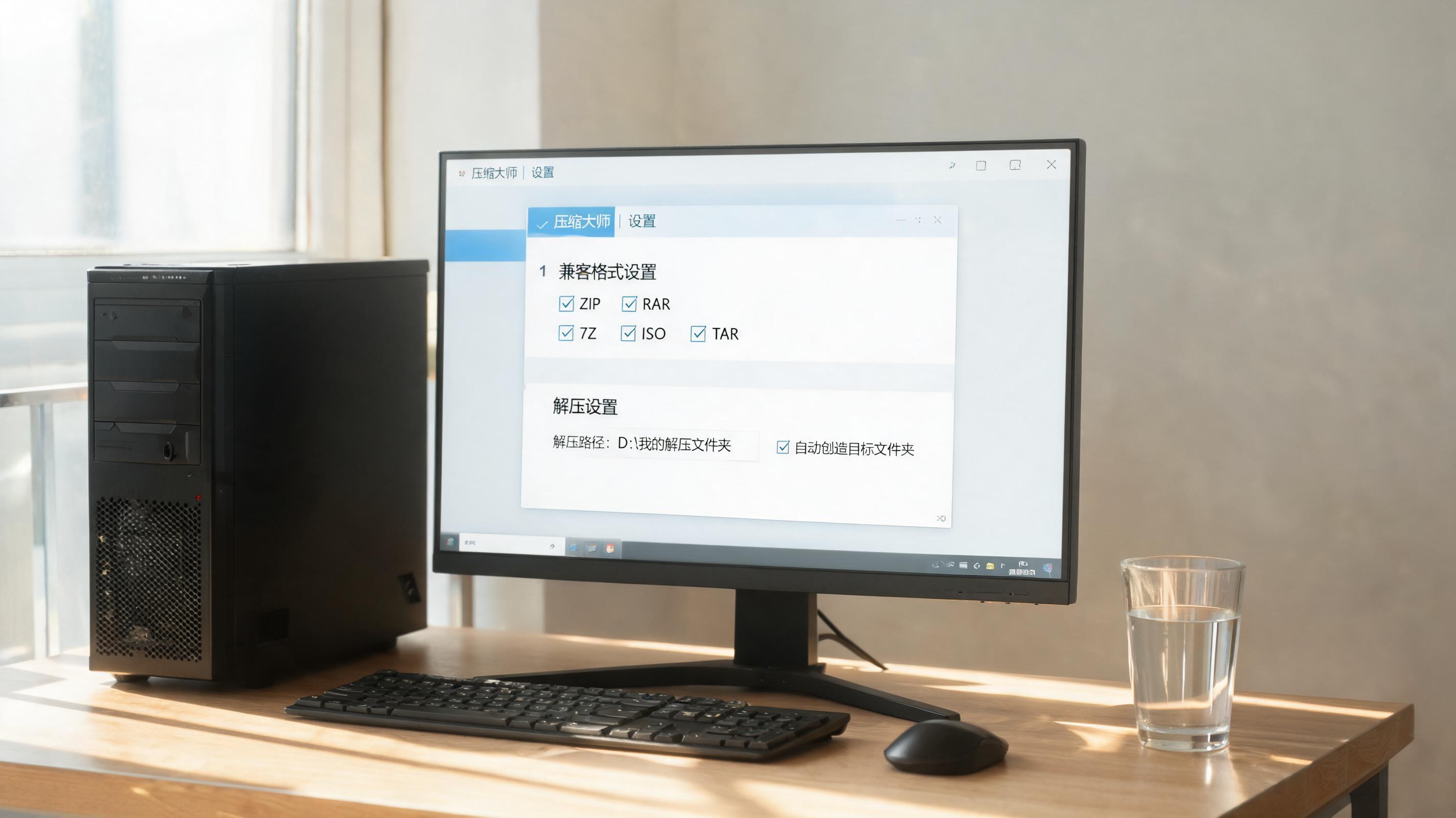 书桌上的主机，屏幕显示多格式兼容解压缩软件设置界面，桌角放着水杯，自然光