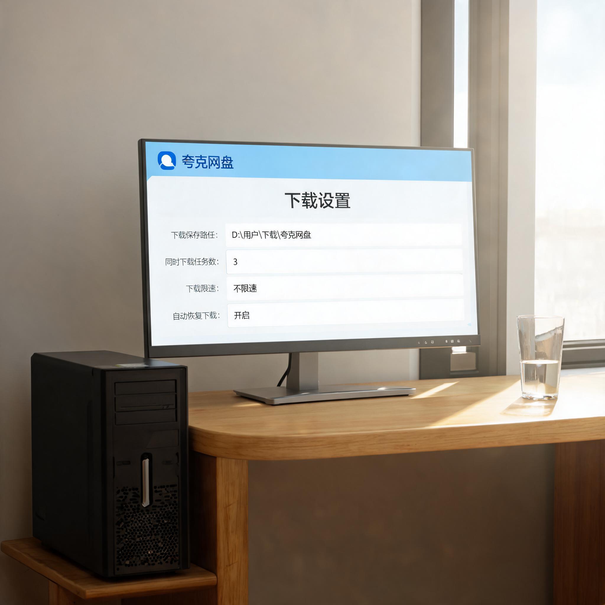 书桌上的主机，屏幕显示夸克网盘 PC 客户端下载设置界面，桌角放着水杯，自然光