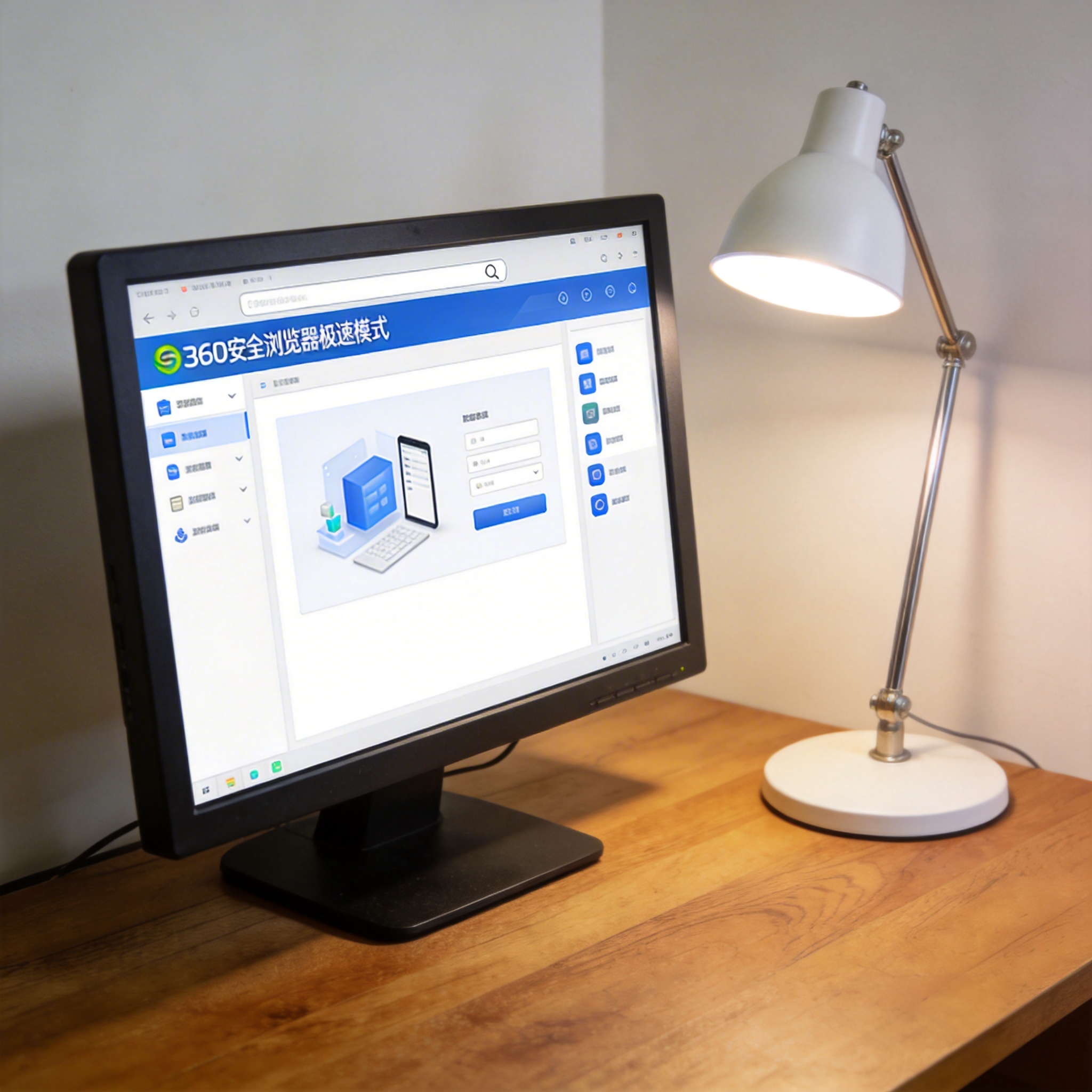 电脑桌上的电脑，屏幕显示360 安全浏览器极速模式界面，旁边放着台灯