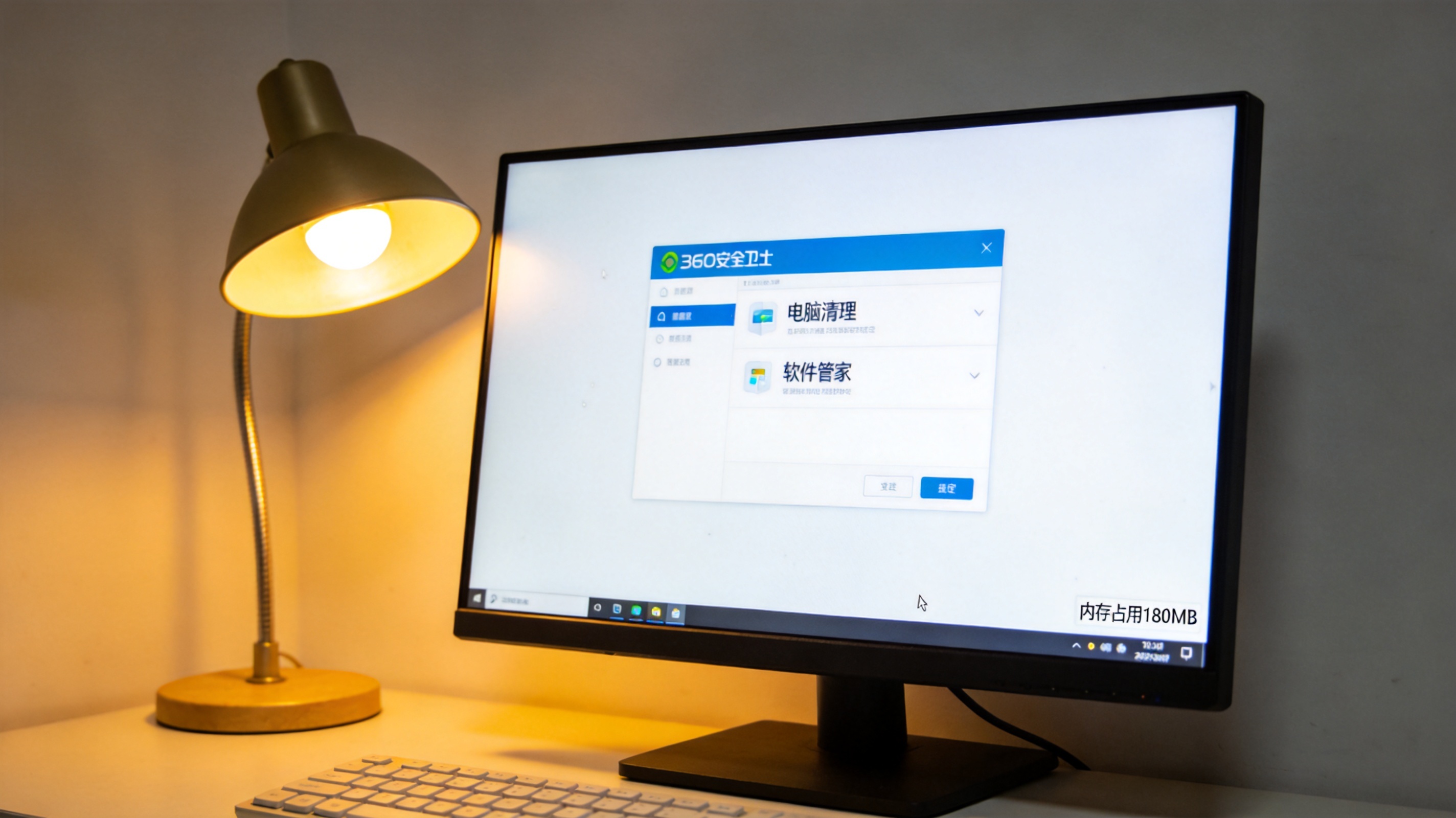 桌面的电脑屏幕显示360安全卫士界面，界面上有电脑清理、软件管家选项，屏幕右下角显示内存占用180MB，台灯暖光