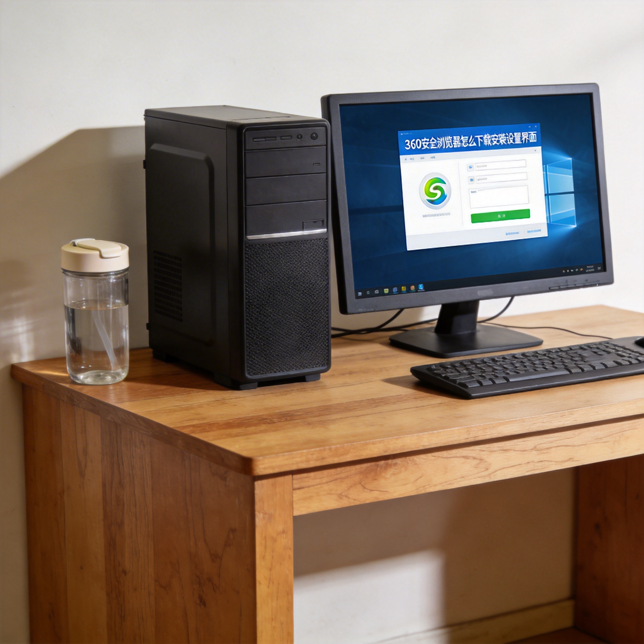 书桌上的主机，屏幕显示360 安全浏览器怎么下载安装设置界面，桌角放着水杯，自然光