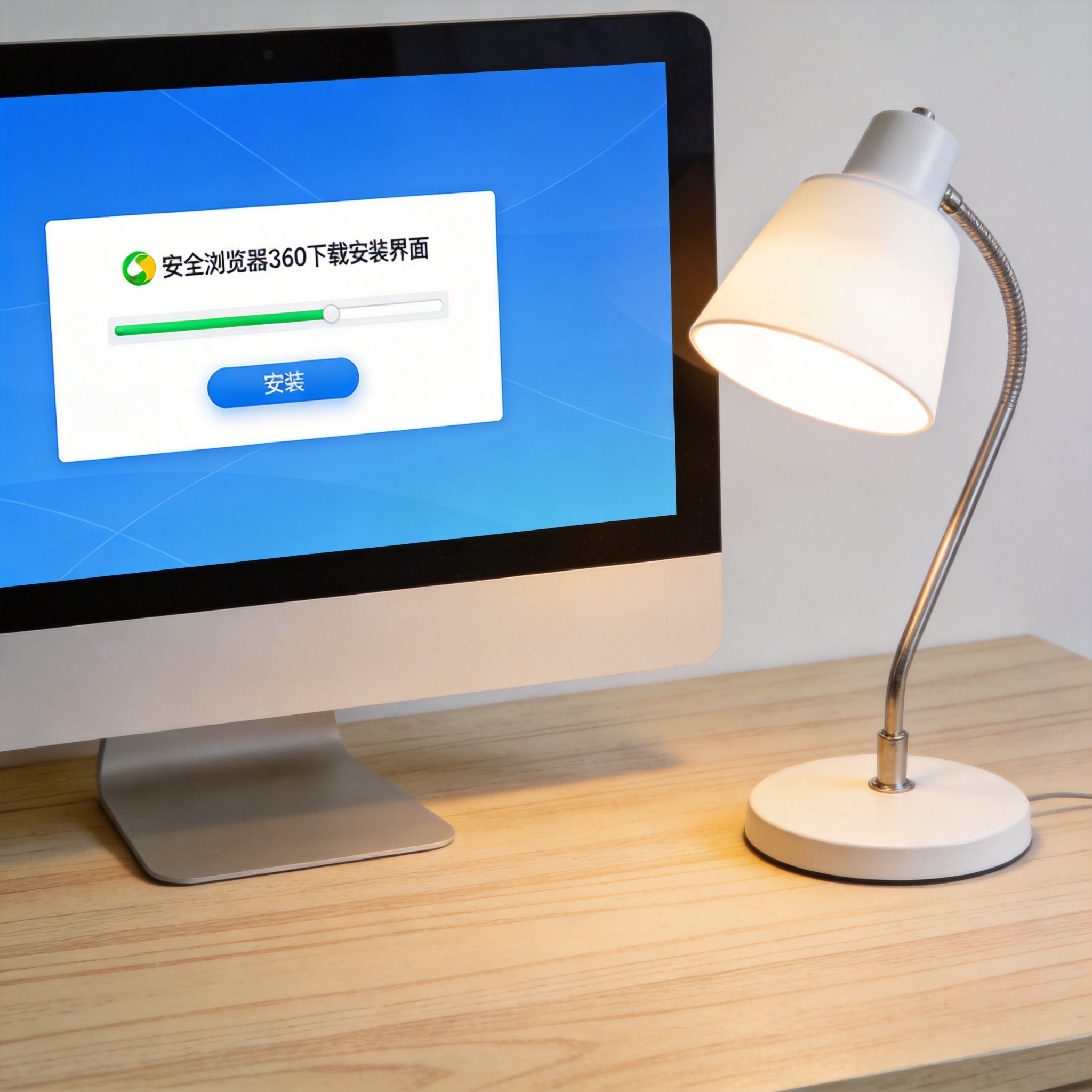 电脑桌上的电脑，屏幕显示安全浏览器 360 下载安装界面，旁边放着台灯