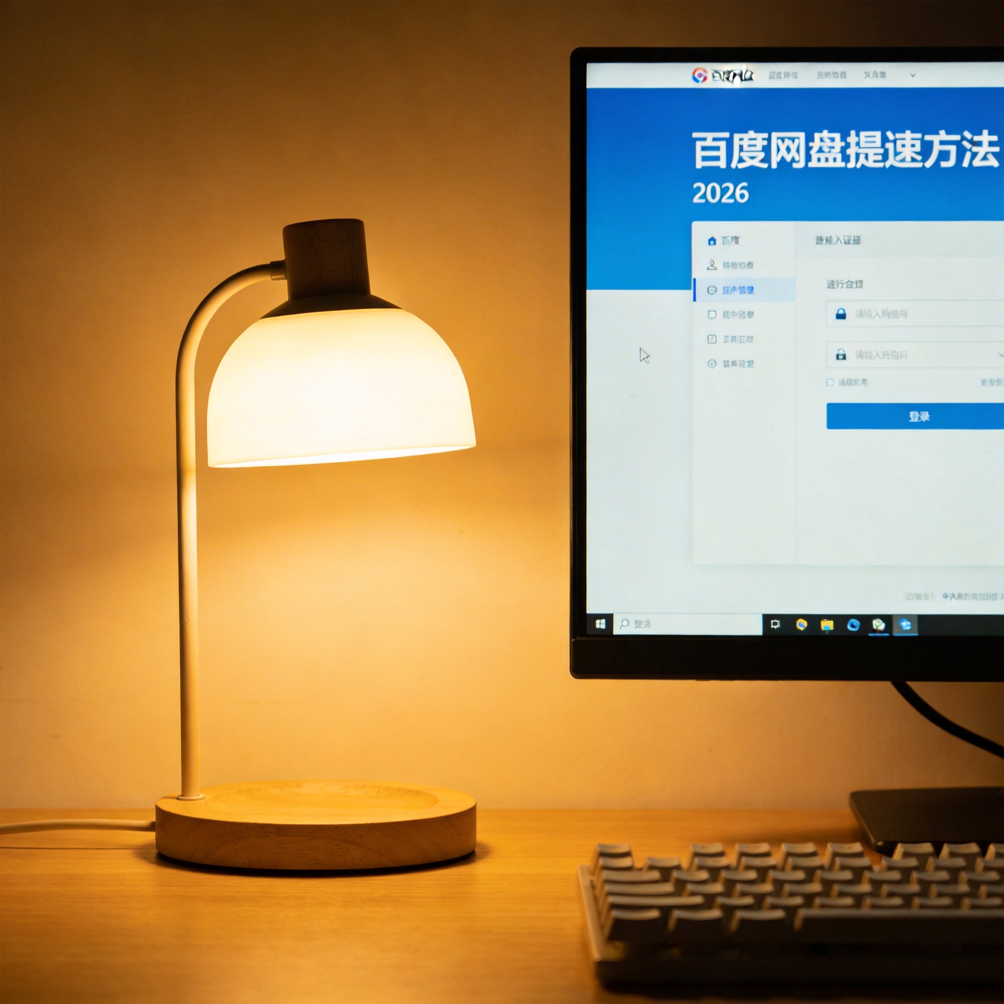 电脑桌上的电脑，屏幕显示百度网盘提速方法 2026界面，旁边放着台灯