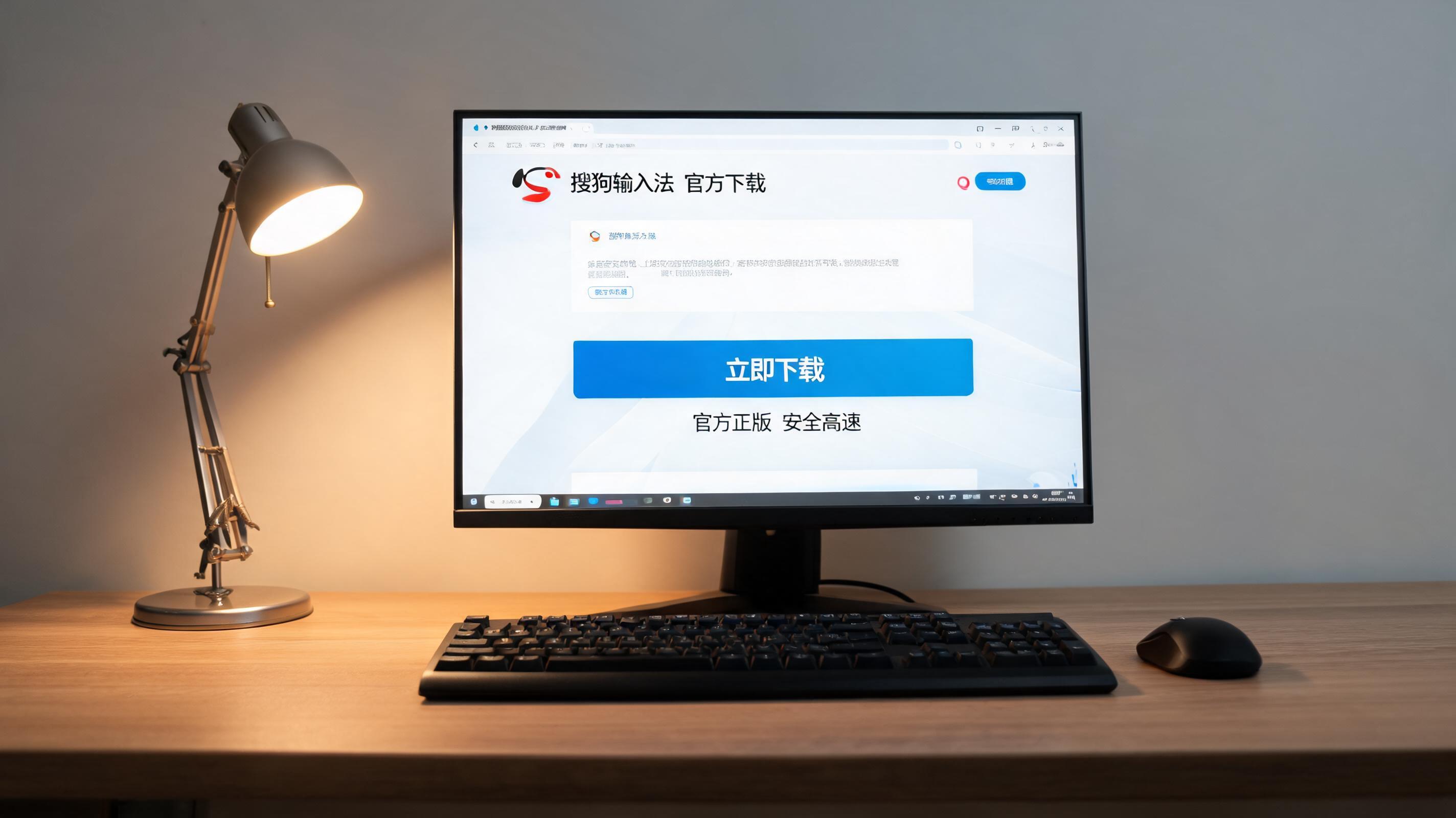 电脑桌上的键盘，屏幕显示搜狗输入法下载界面，旁边放着台灯