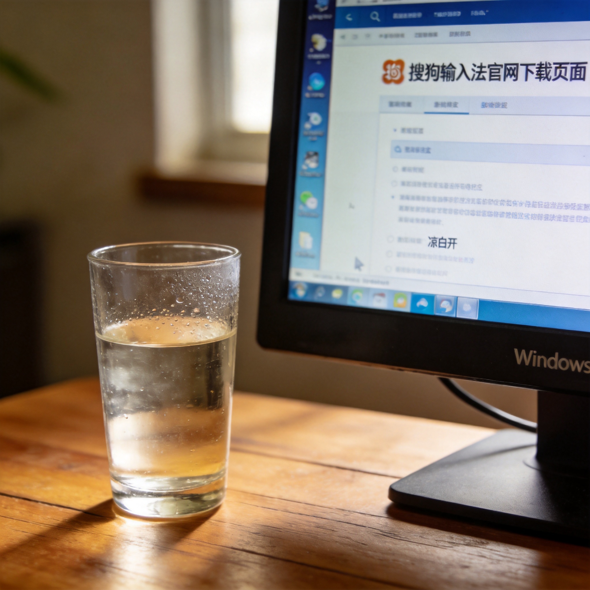 电脑桌的Windows系统电脑，屏幕显示搜狗输入法官网下载页面，旁边放着半杯凉白开，室内自然光
