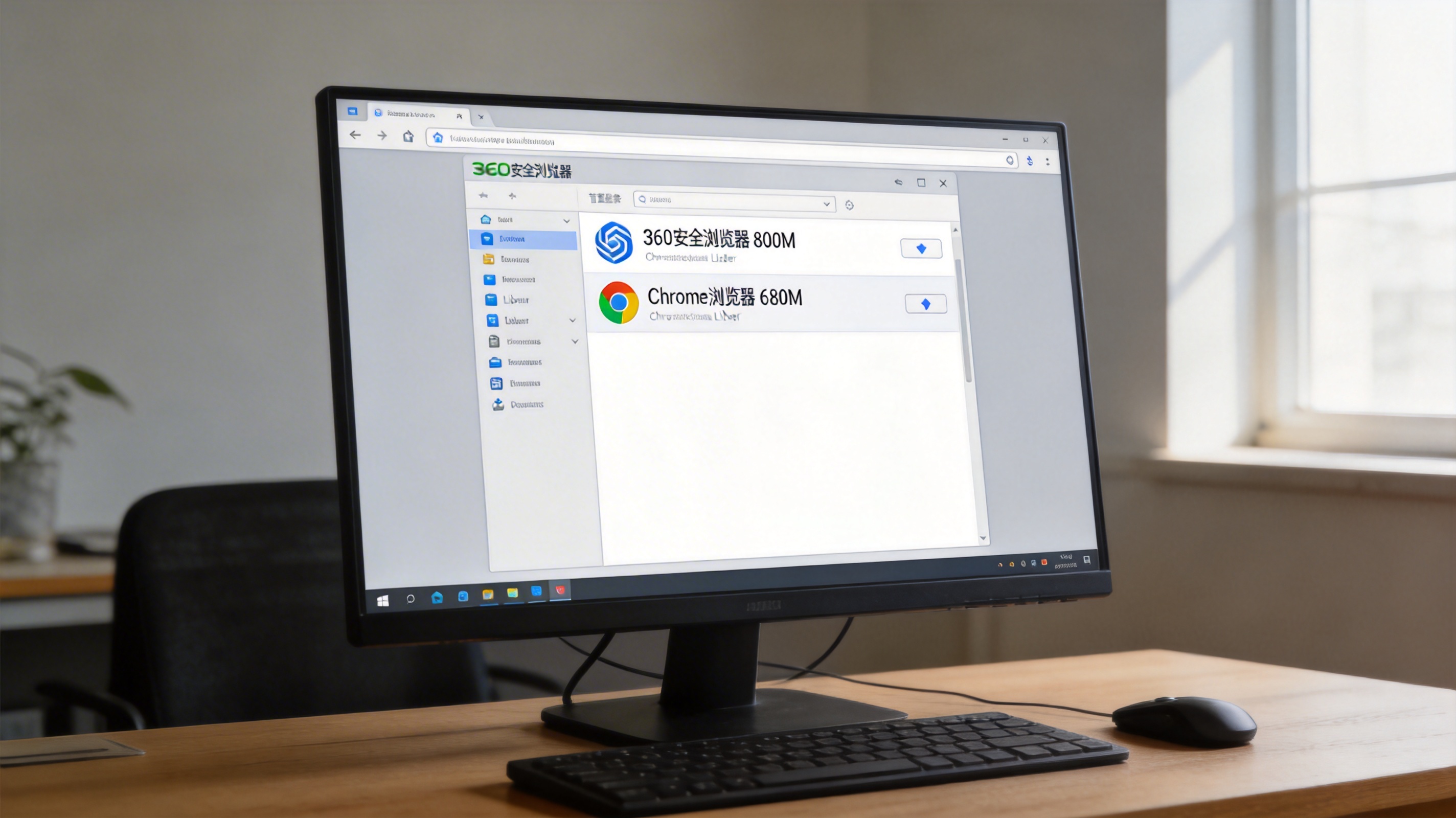 电脑桌面，屏幕显示任务管理器界面，360安全浏览器内存占用显示800M，Chrome浏览器内存占用显示680M，室内自然光