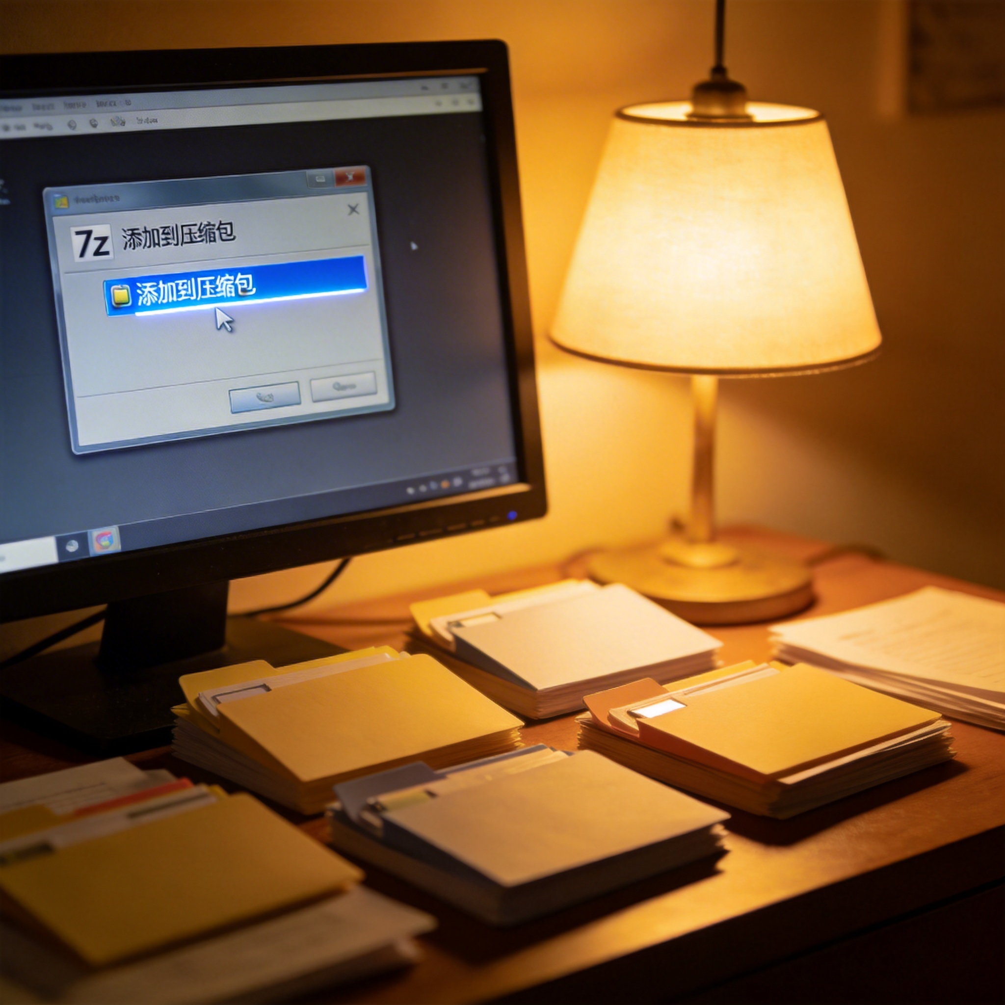 电脑屏幕显示7z软件右键菜单，“添加到压缩包”选项被高亮，桌面散落着多个文件夹，台灯暖光