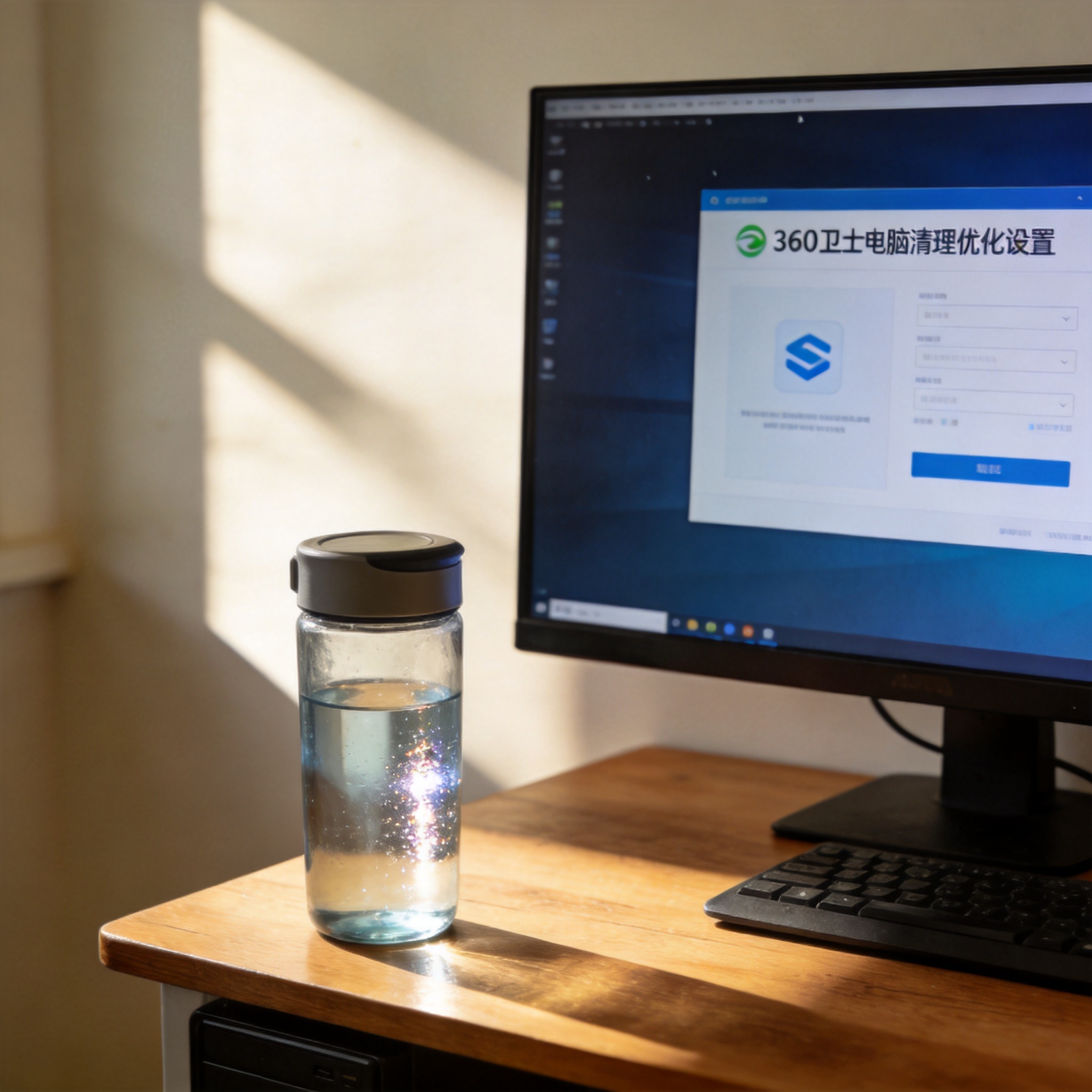 书桌上的主机，屏幕显示360 卫士电脑清理优化设置界面，桌角放着水杯，自然光