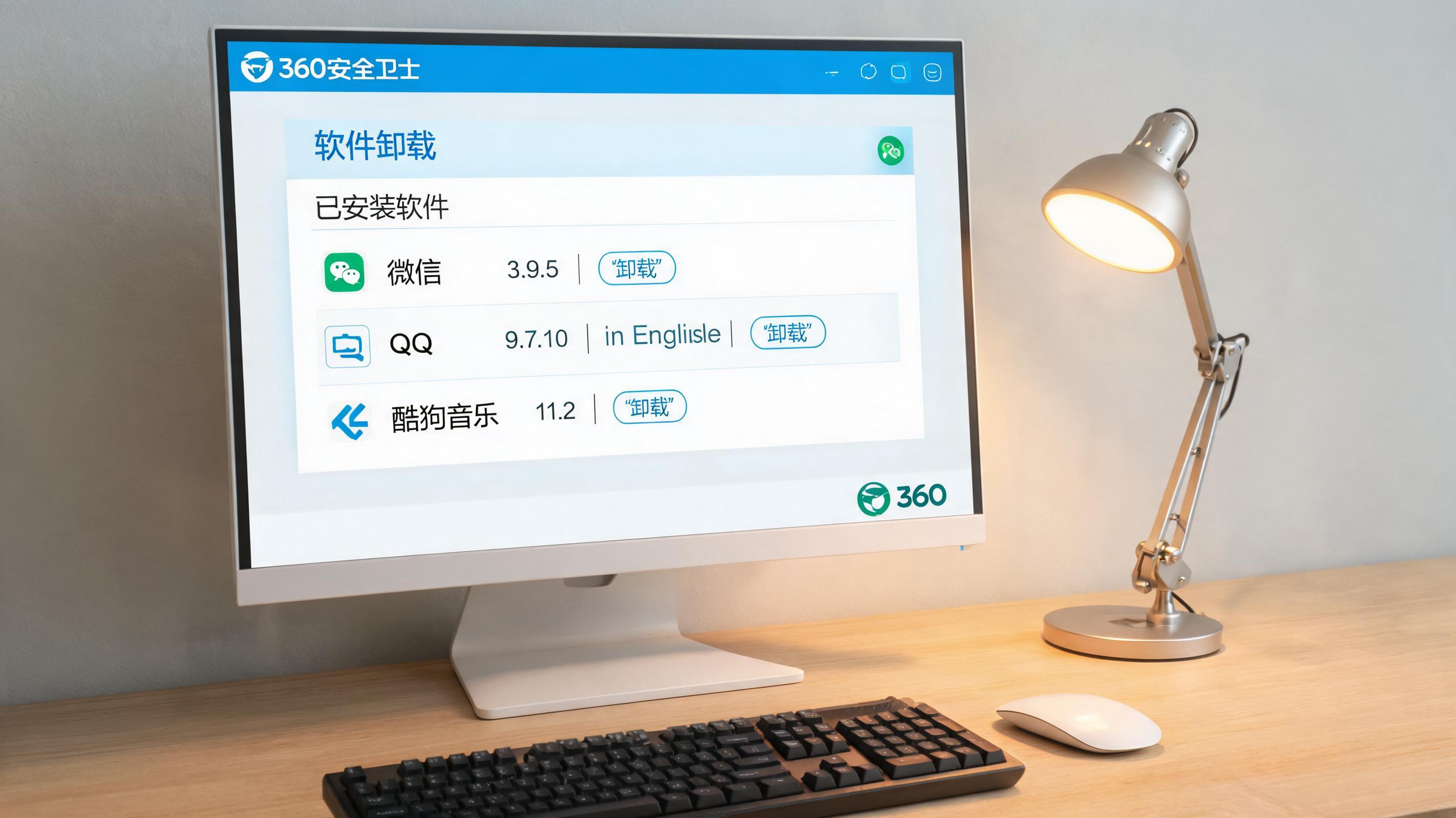 电脑桌上的屏幕，屏幕显示360 卫士软件卸载功能屏幕，旁边放着台灯