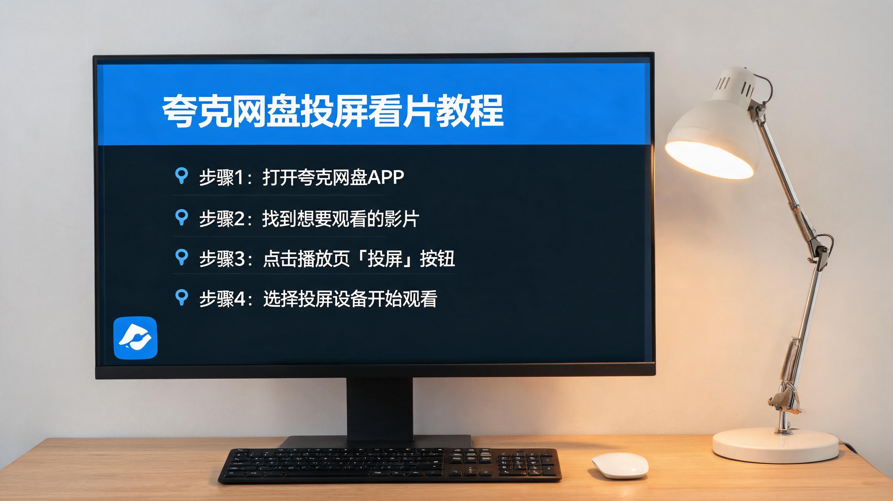 电脑桌上的屏幕，屏幕显示夸克网盘投屏看片教程屏幕，旁边放着台灯