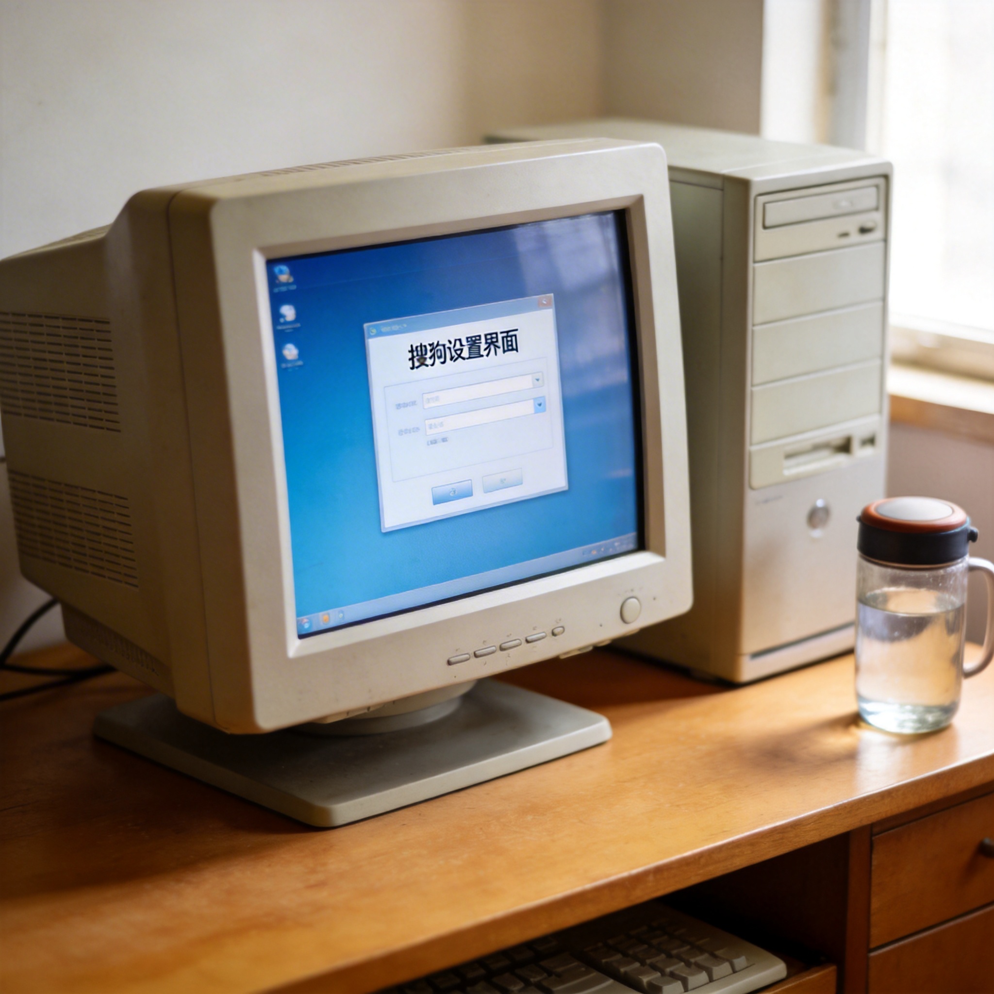书桌上的主机，屏幕显示搜狗设置界面，桌角放着水杯，自然光