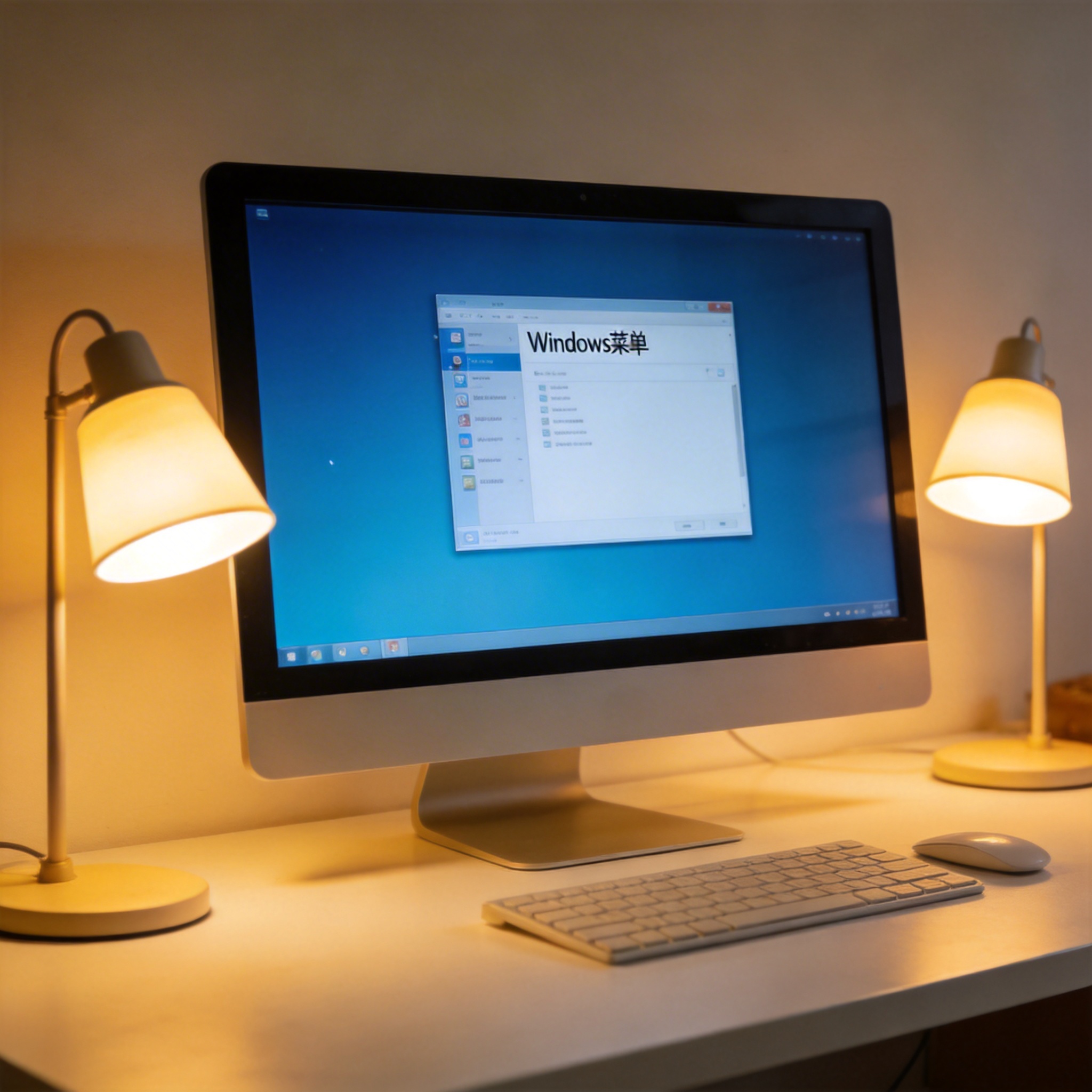 电脑桌上的电脑，屏幕显示Windows菜单，旁边放着台灯