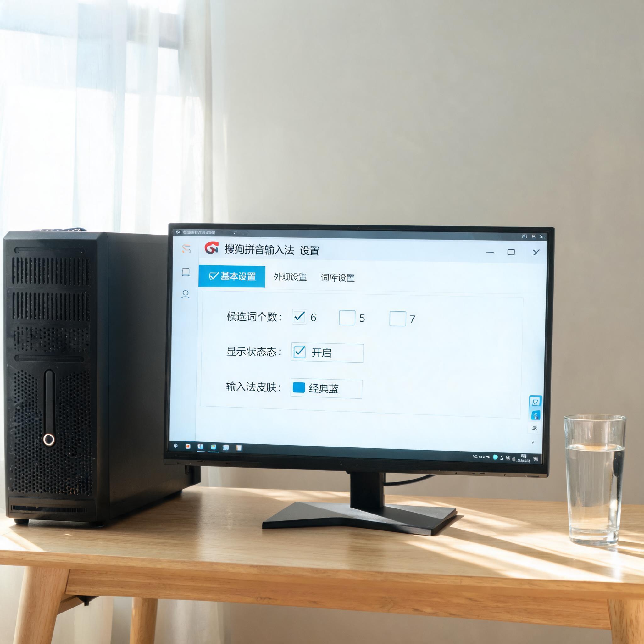 书桌上的主机，屏幕显示搜狗拼音设置界面，桌角放着水杯，自然光