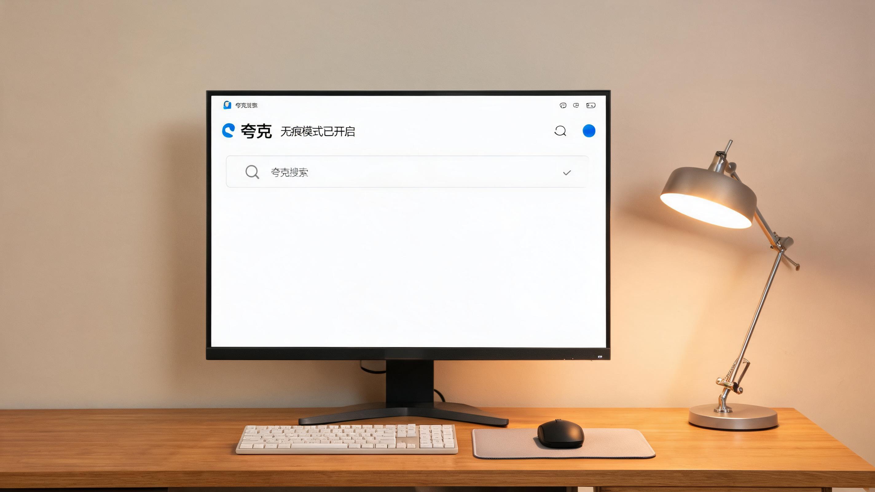 电脑桌上的电脑，屏幕显示夸克浏览器无痕模式开启桌面，旁边放着台灯