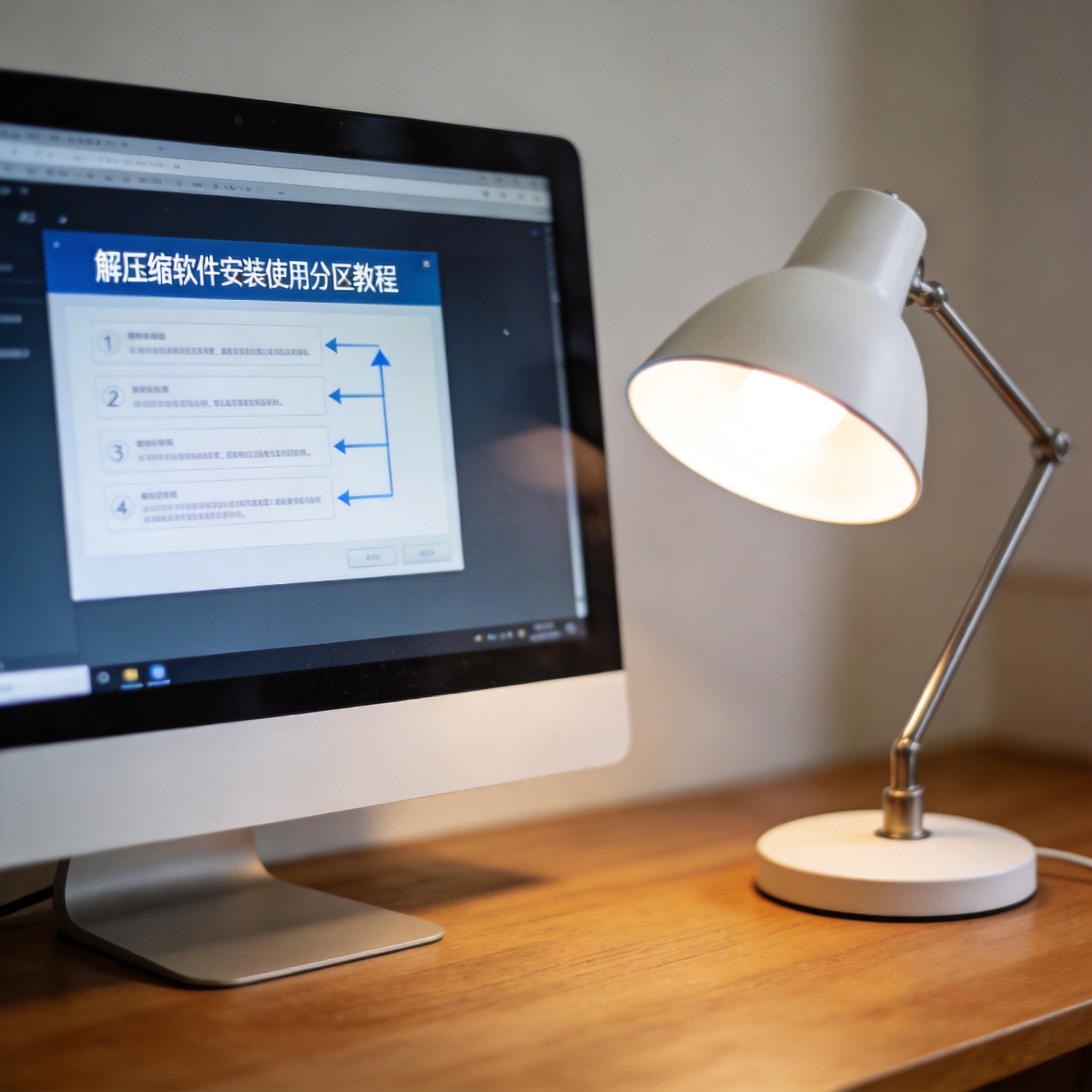 电脑桌上的电脑，屏幕显示解压缩软件怎么安装使用分区，旁边放着台灯