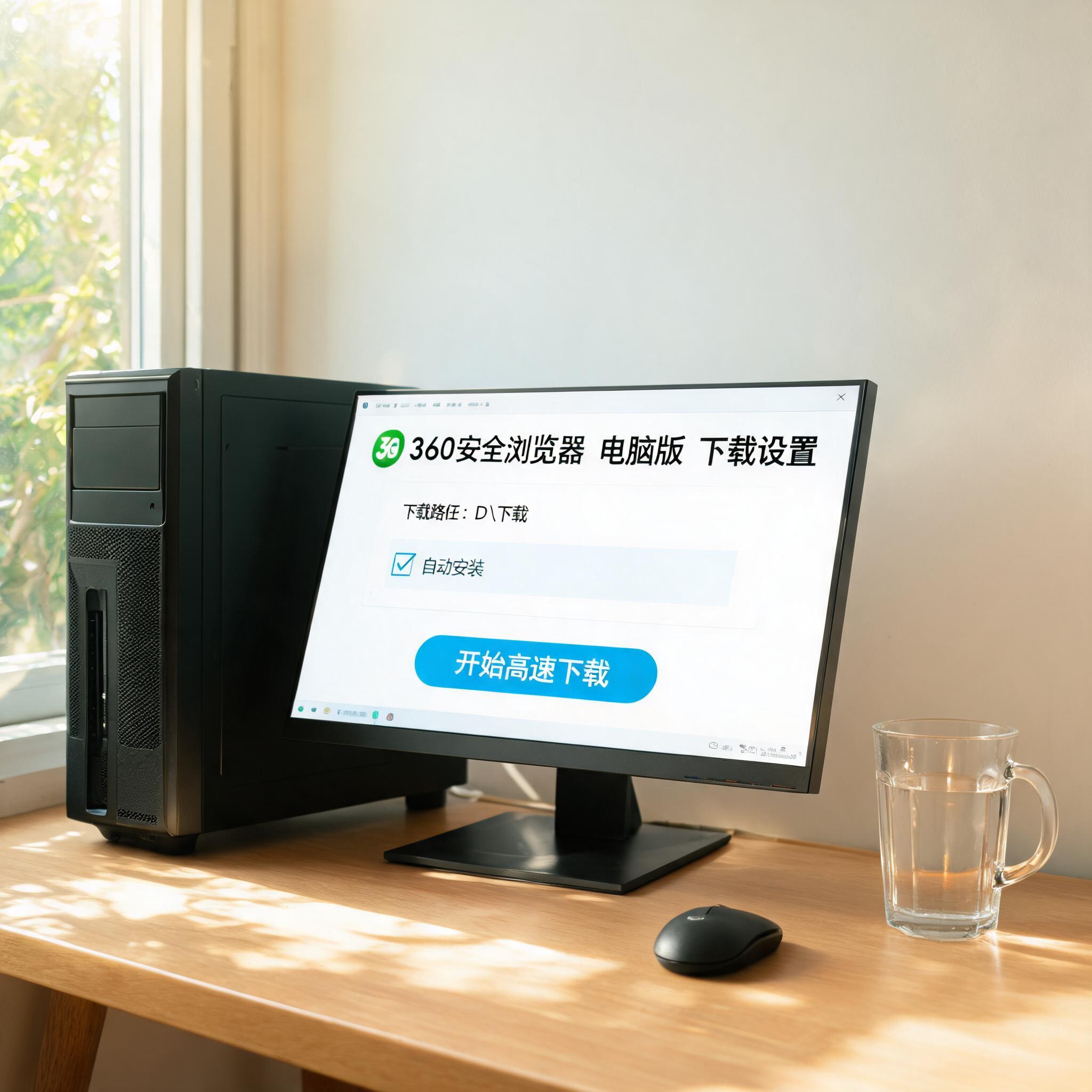 书桌上的主机，屏幕显示360 安全浏览器电脑版下载设置界面，桌角放着水杯，自然光