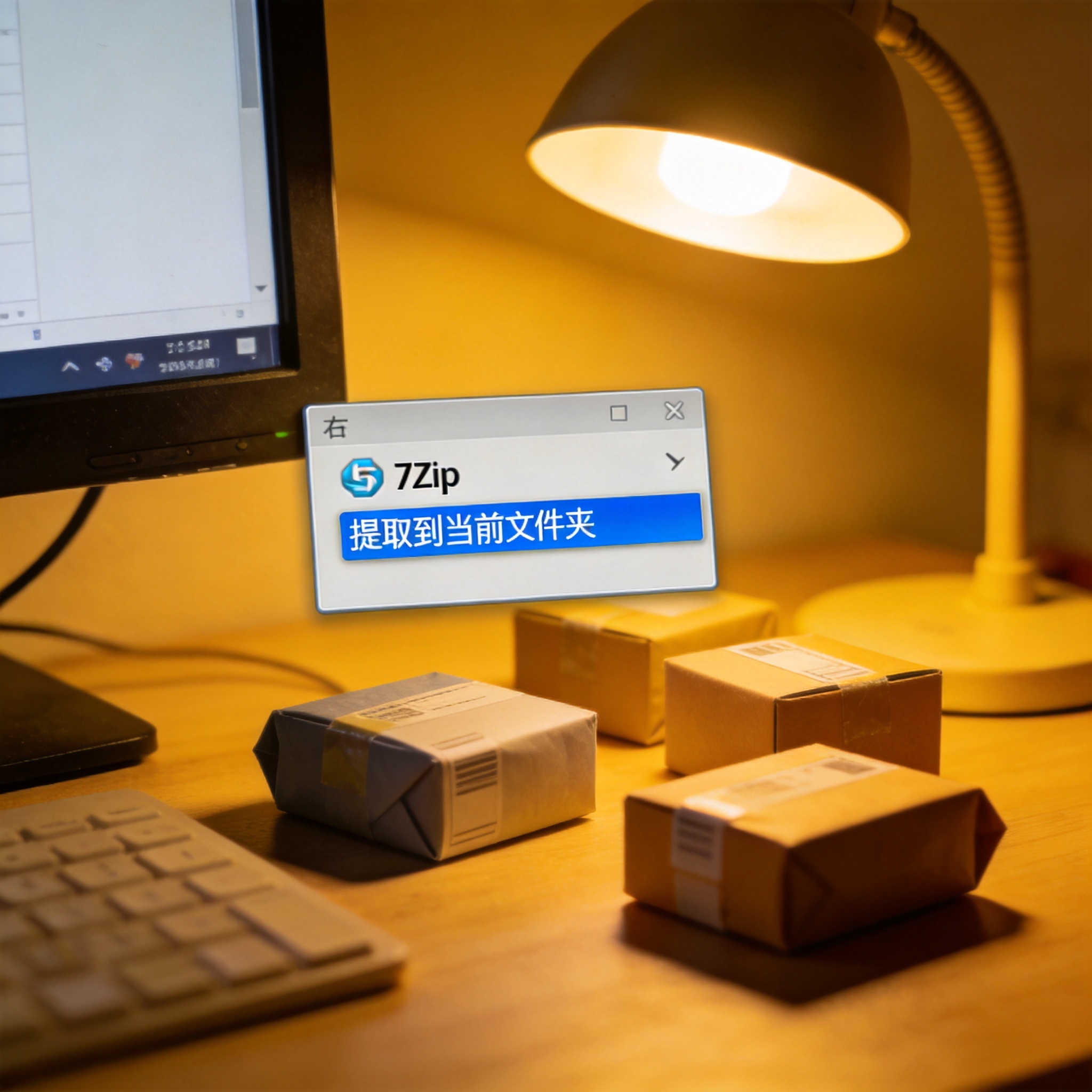 电脑屏幕显示右键菜单，7Zip的“提取到当前文件夹”选项高亮，桌面散落着几个压缩包文件，台灯暖光