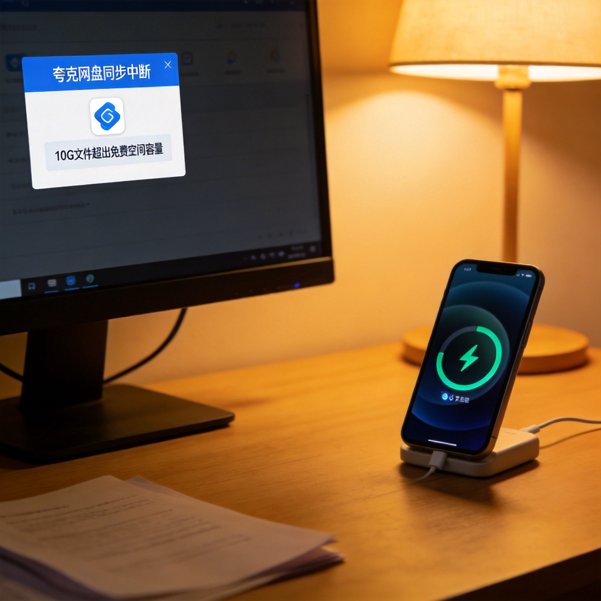 电脑屏幕显示夸克网盘同步中断提示弹窗，标注10G文件超出免费空间容量，旁边放着充电中的手机，台灯暖光