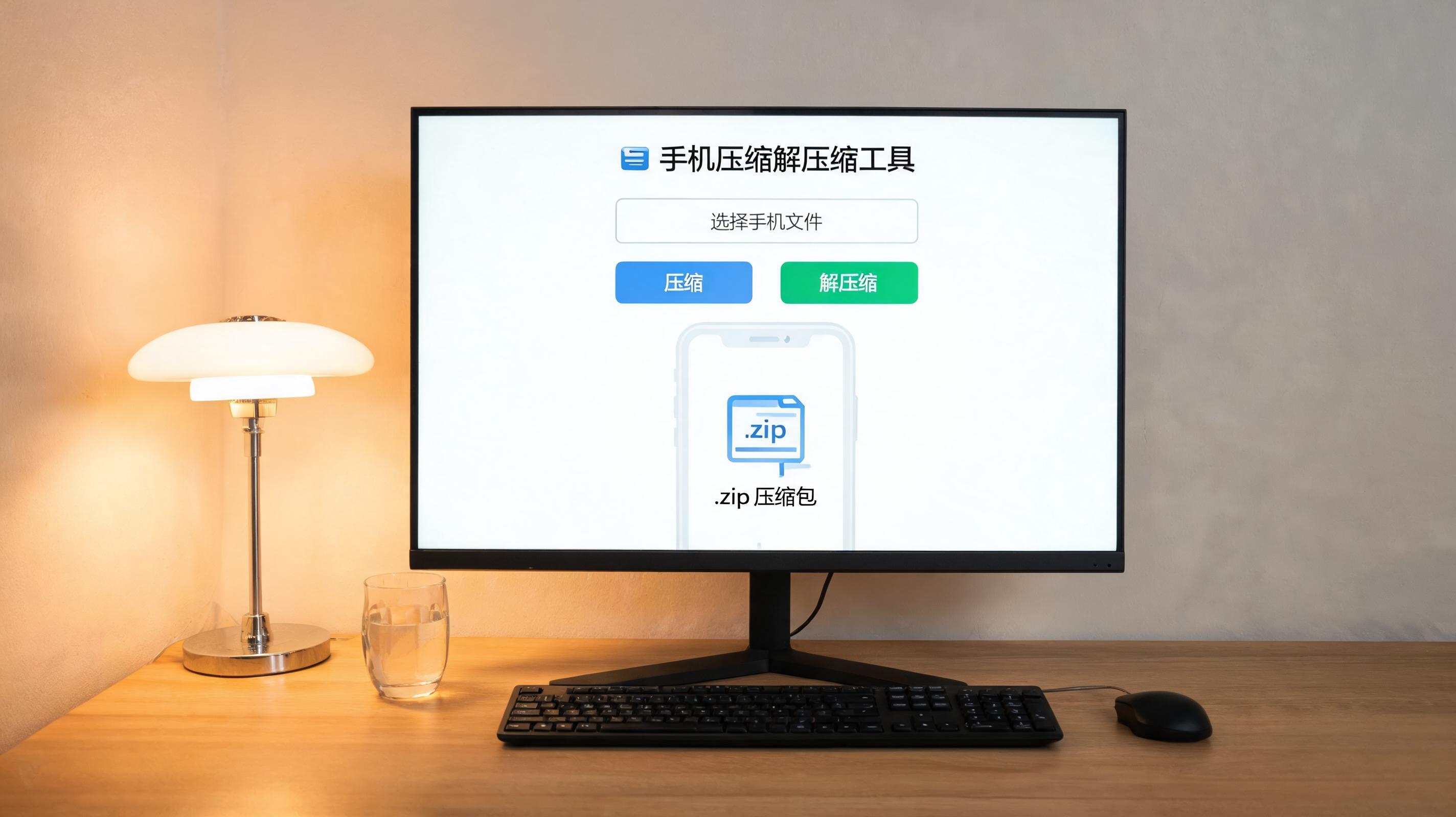 电脑桌上的电脑，屏幕显示手机文件压缩解压缩软件界面，旁边放着台灯
