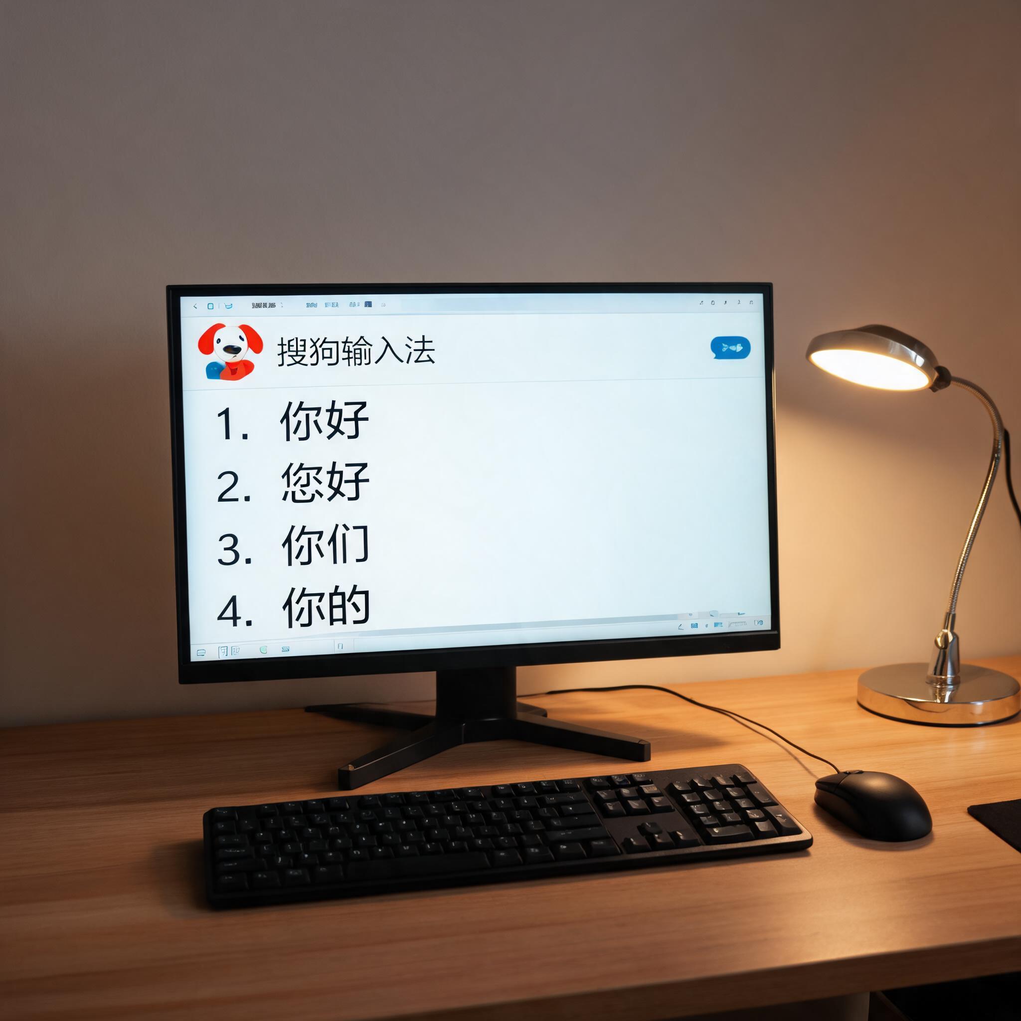 电脑桌上的电脑，屏幕显示搜狗输入法界面，旁边放着台灯