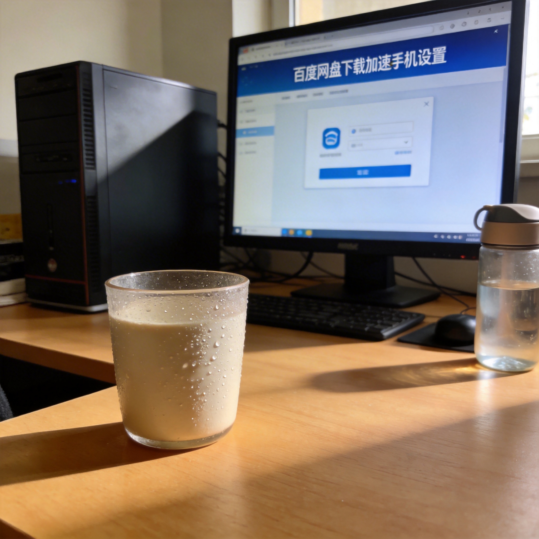 书桌上的主机，屏幕显示百度网盘下载加速手机设置界面，桌角放着水杯，自然光