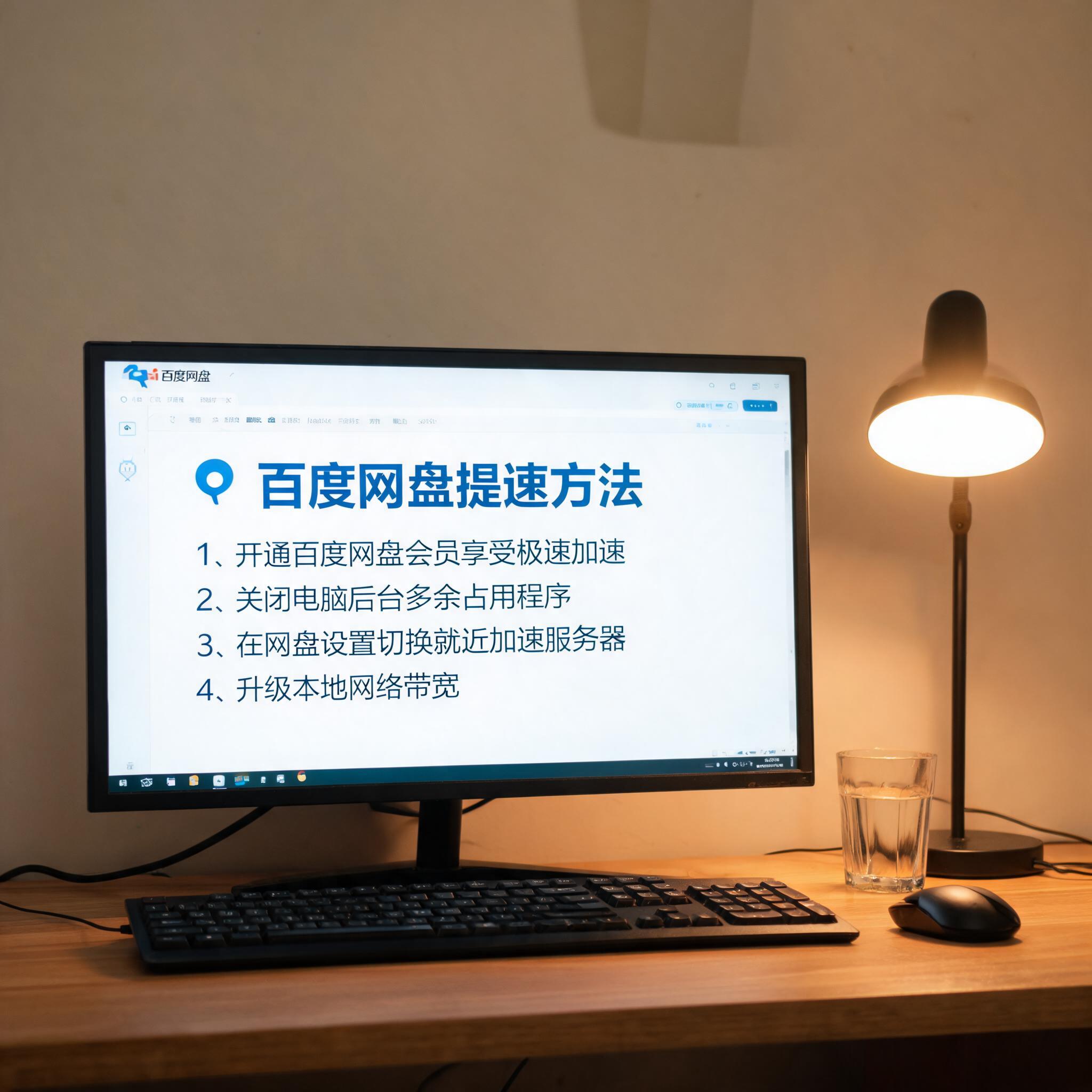 电脑桌上的电脑，屏幕显示百度网盘提速方法电脑界面，旁边放着台灯