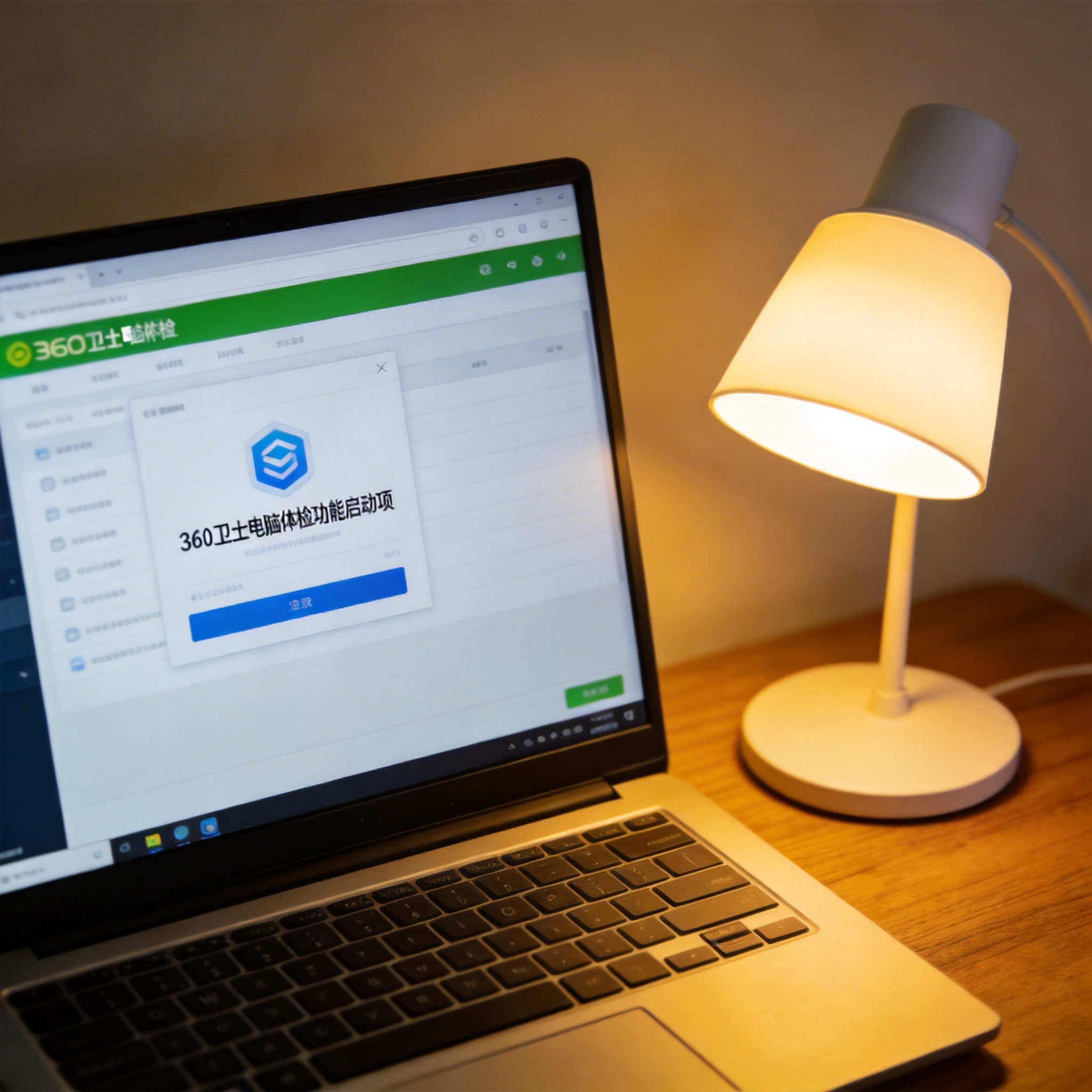 电脑桌上的电脑，屏幕显示360 卫士电脑体检功能启动项，旁边放着台灯