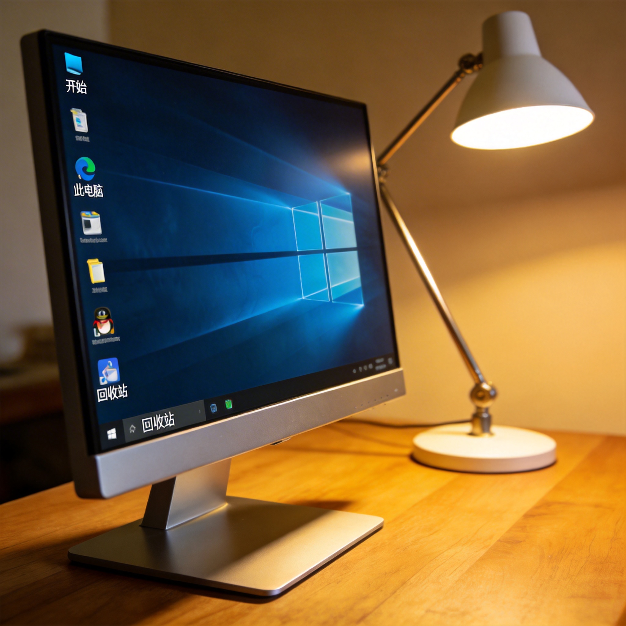 电脑桌上的电脑，屏幕显示Windows界面，旁边放着台灯