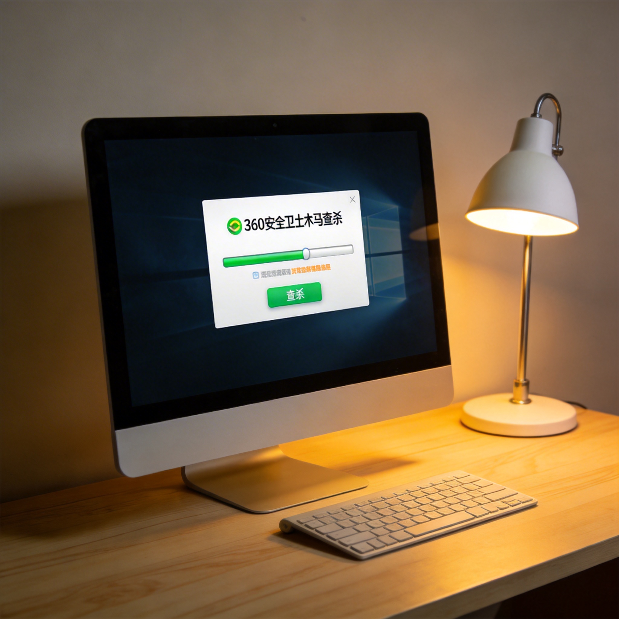 电脑桌上的电脑，屏幕显示360 安全卫士木马查杀界面，旁边放着台灯