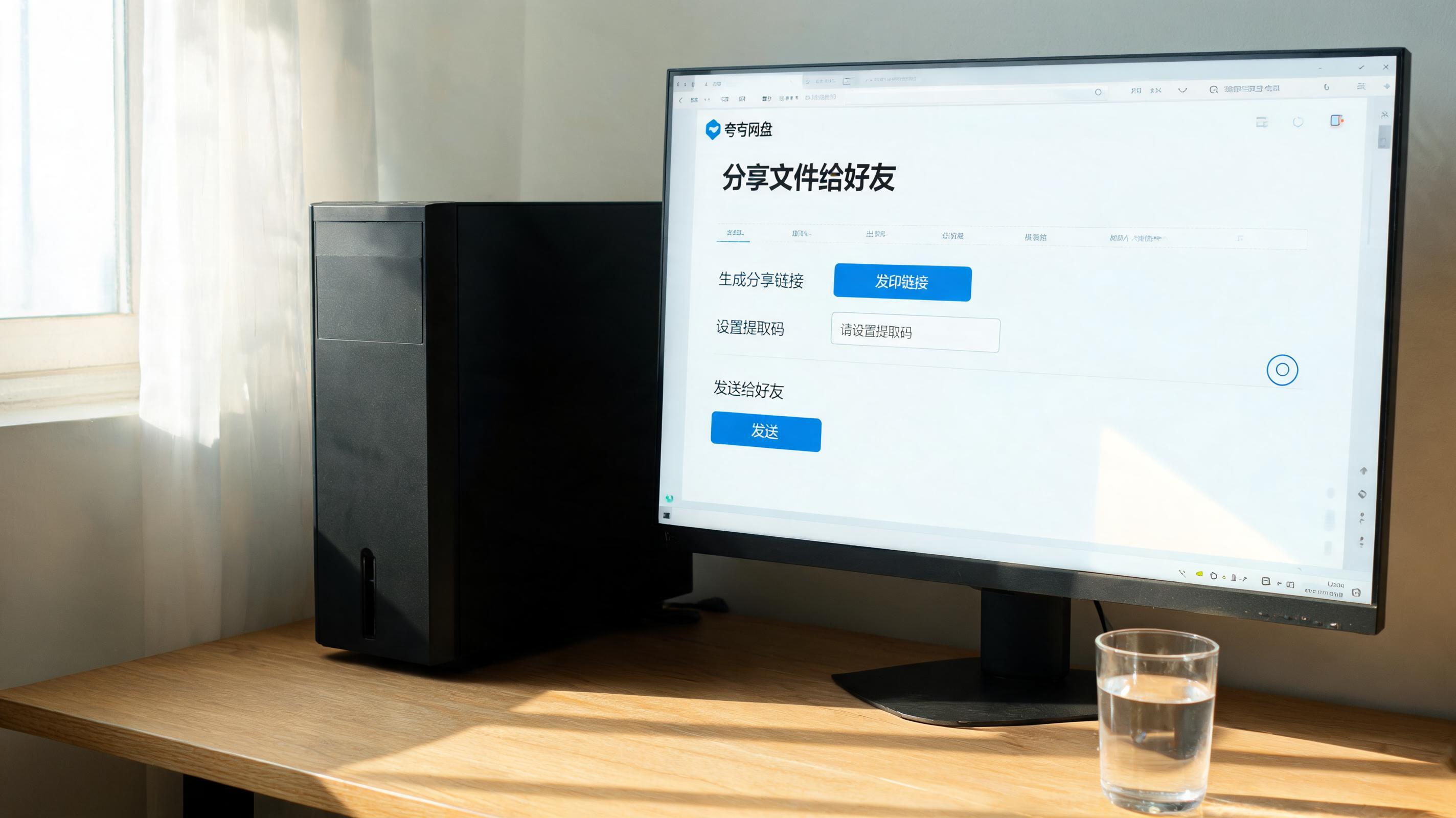 书桌上的主机，屏幕显示夸克网盘文件怎么分享给好友设置界面，桌角放着水杯，自然光