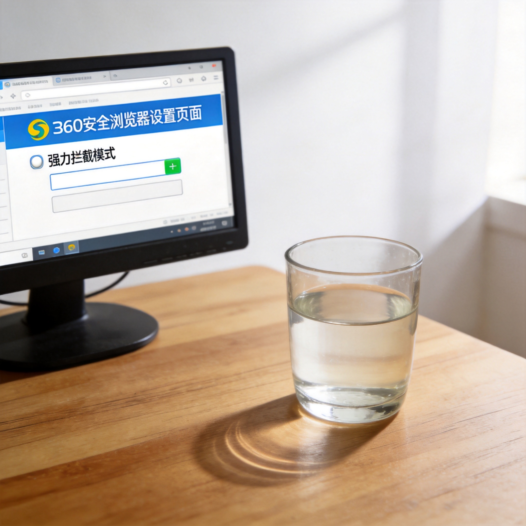 电脑桌的电脑屏幕显示360安全浏览器设置页面，已开启强力拦截模式，桌面放着半杯温水，室内自然光