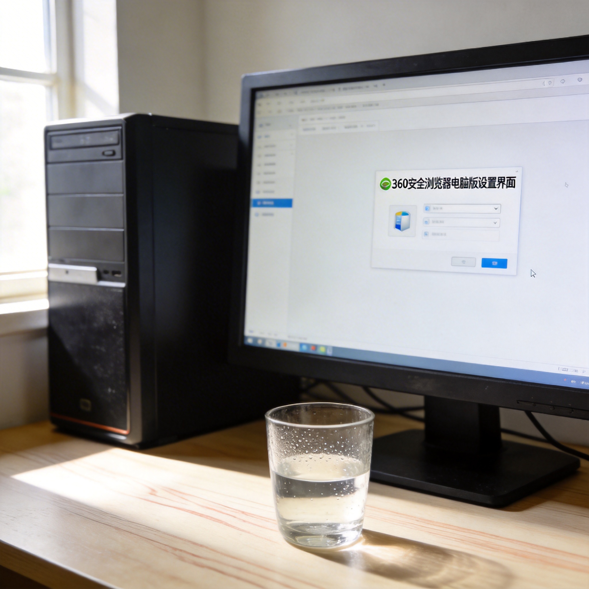 书桌上的主机，屏幕显示360 安全浏览器电脑版设置界面，桌角放着水杯，自然光