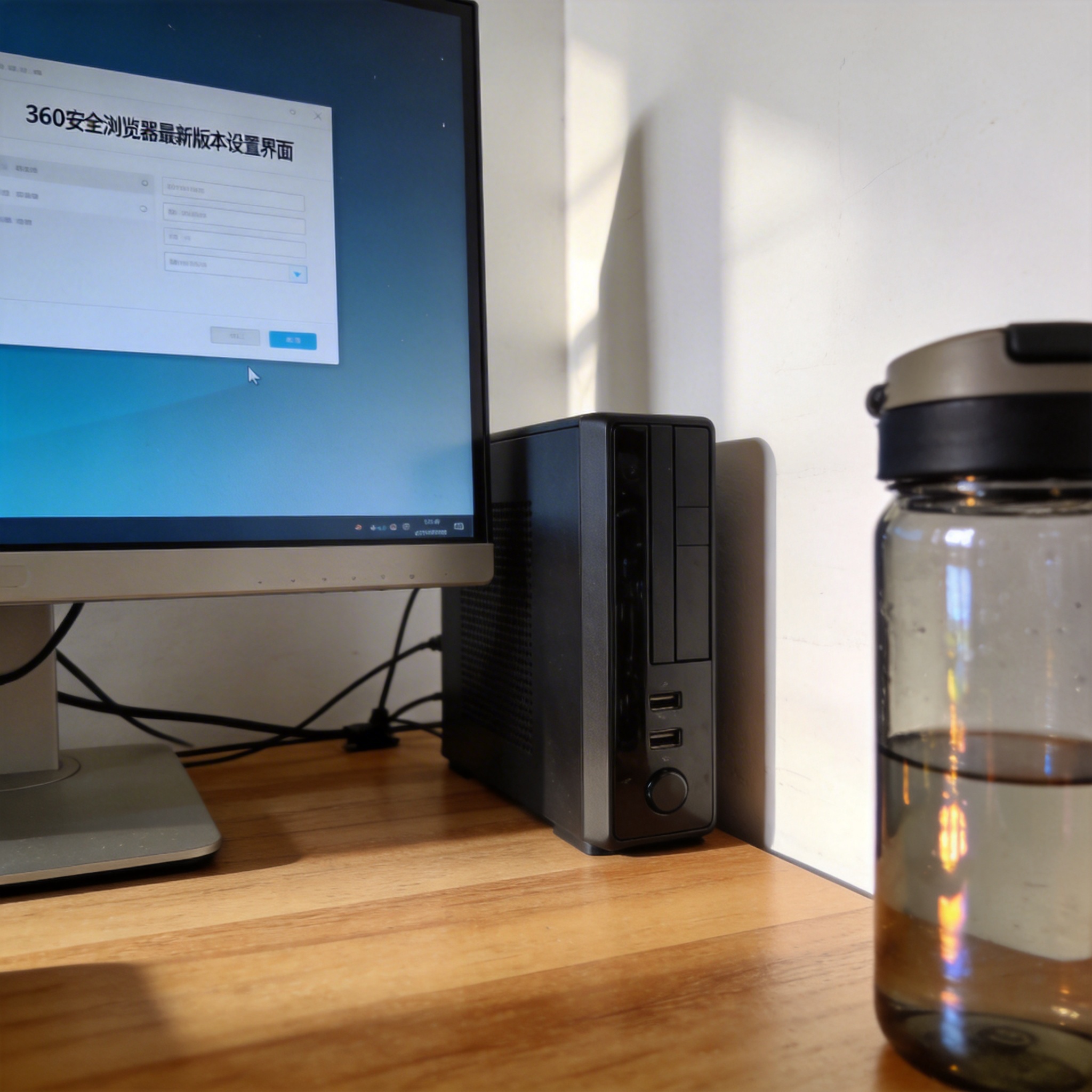 书桌上的主机，屏幕显示360 安全浏览器最新版本设置界面，桌角放着水杯，自然光