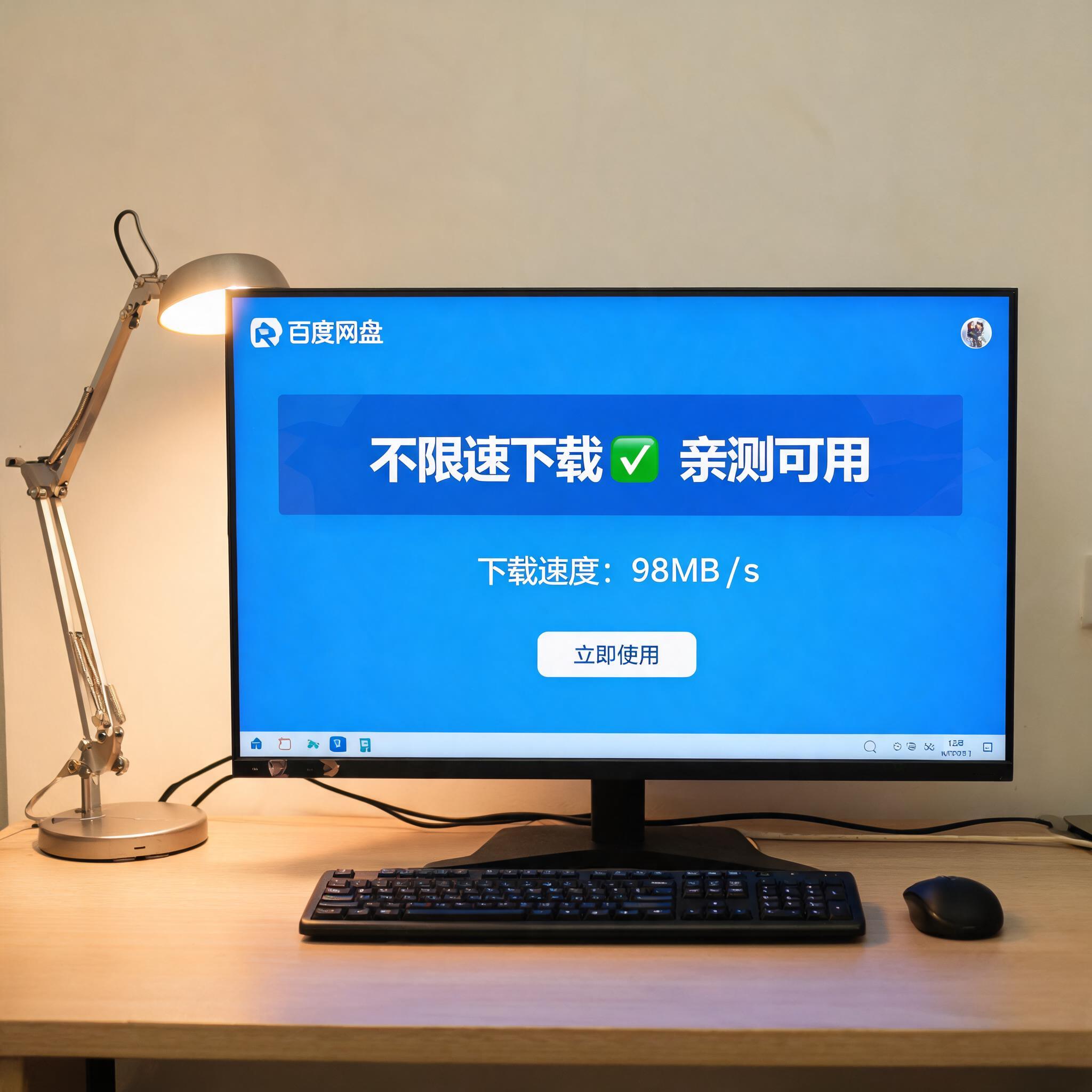 电脑桌上的电脑，屏幕显示百度网盘不限速下载亲测可用界面，旁边放着台灯