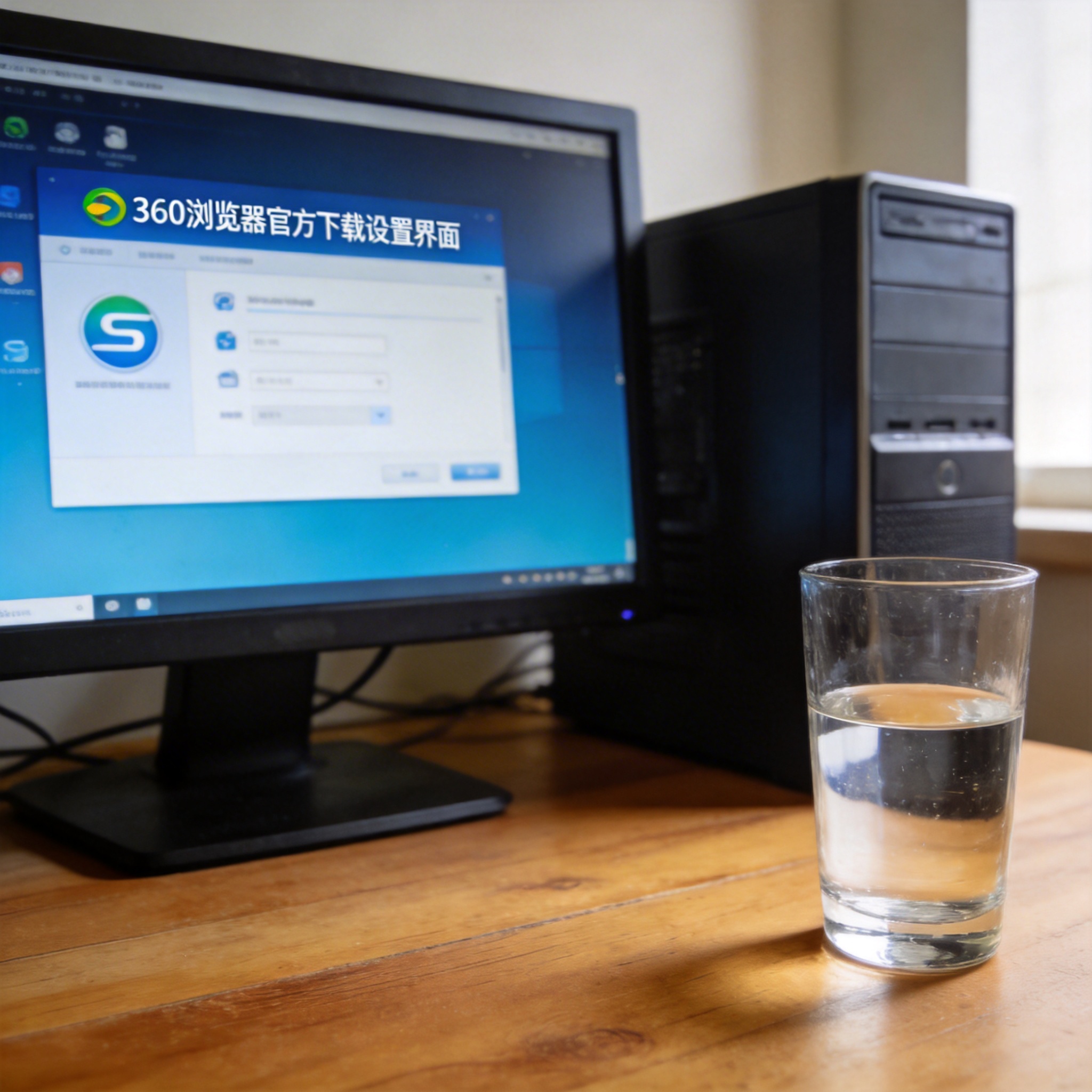 书桌上的主机，屏幕显示360 浏览器官方下载设置界面，桌角放着水杯，自然光