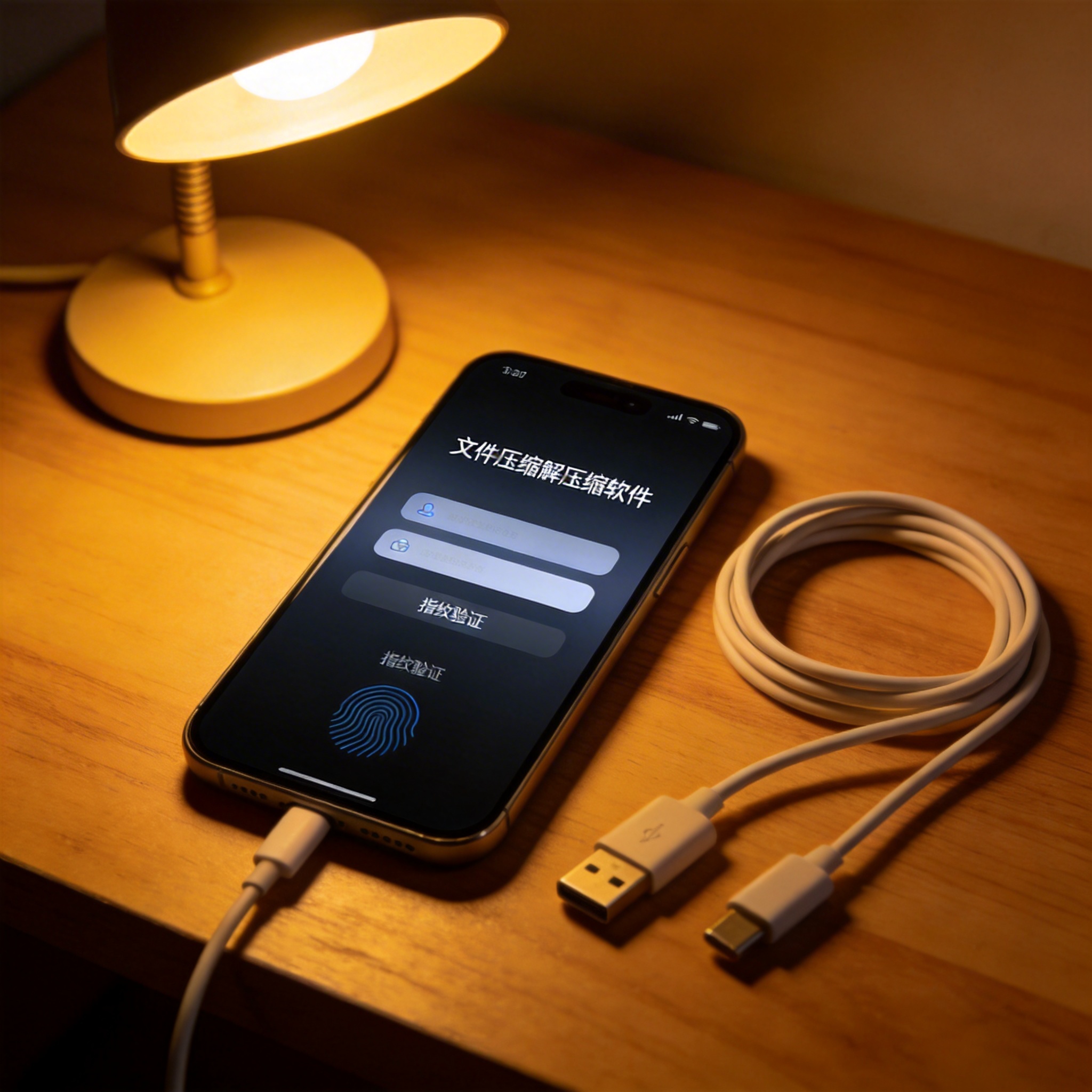 书桌的智能手机，屏幕显示手机文件压缩解压缩软件的密码输入框，下方有指纹验证选项，旁边摆着充电线，台灯暖光