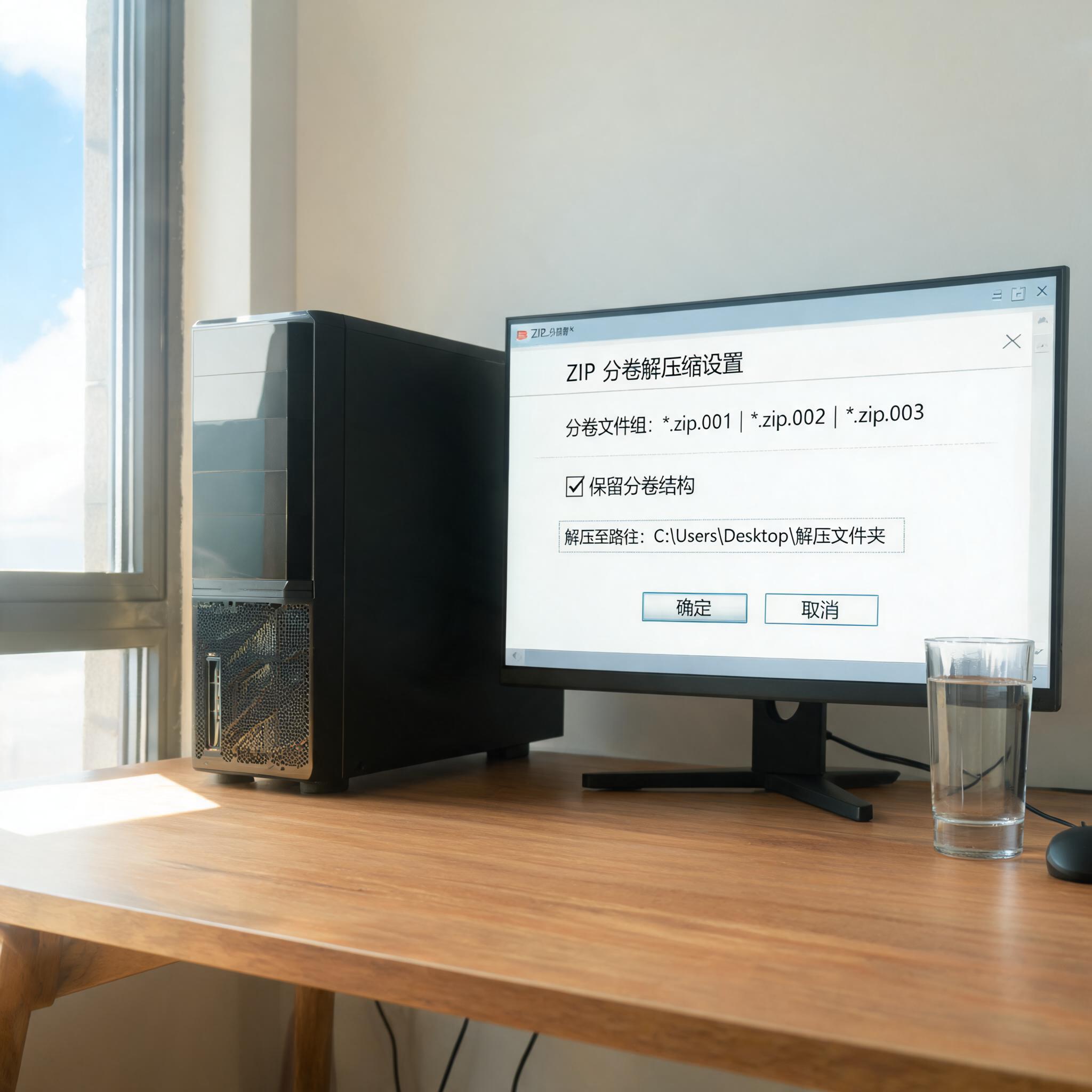 书桌上的主机，屏幕显示zip 分卷压缩文件解压缩设置界面，桌角放着水杯，自然光