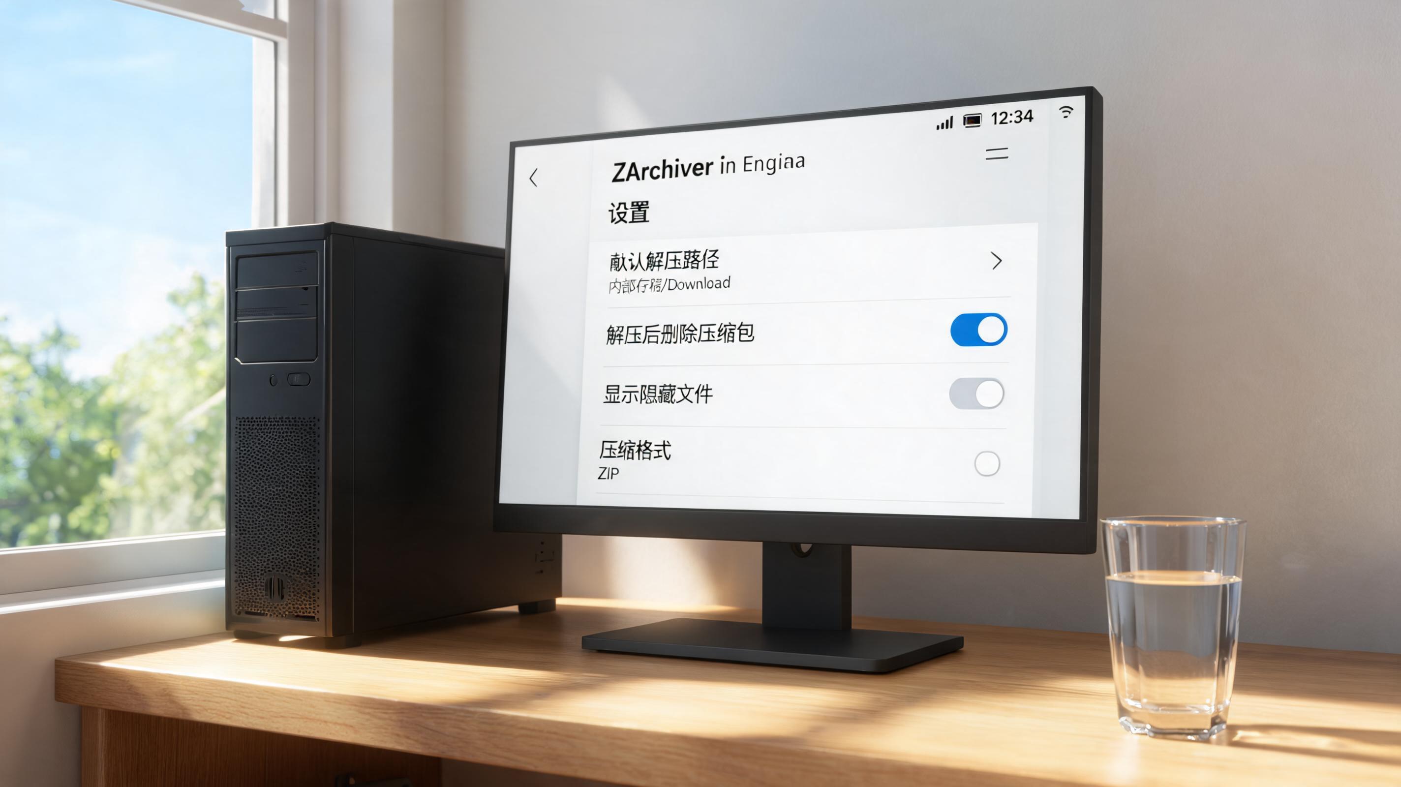 书桌上的主机，屏幕显示安卓手机 zip 解压缩工具设置界面，桌角放着水杯，自然光