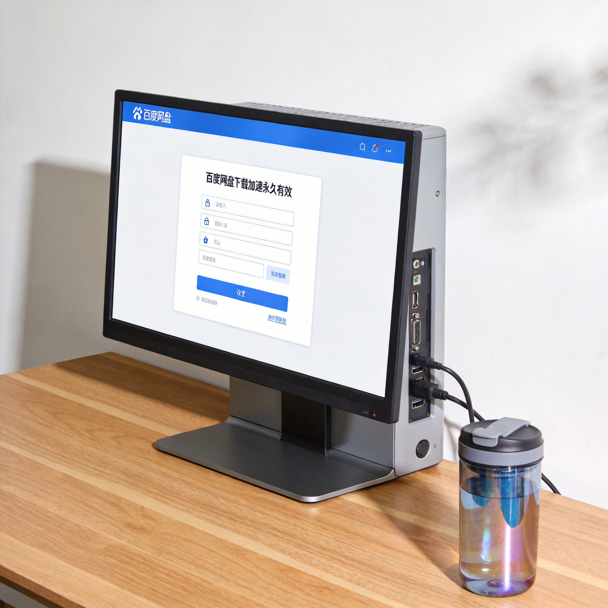 书桌上的主机，屏幕显示百度网盘下载加速永久有效设置界面，桌角放着水杯，自然光