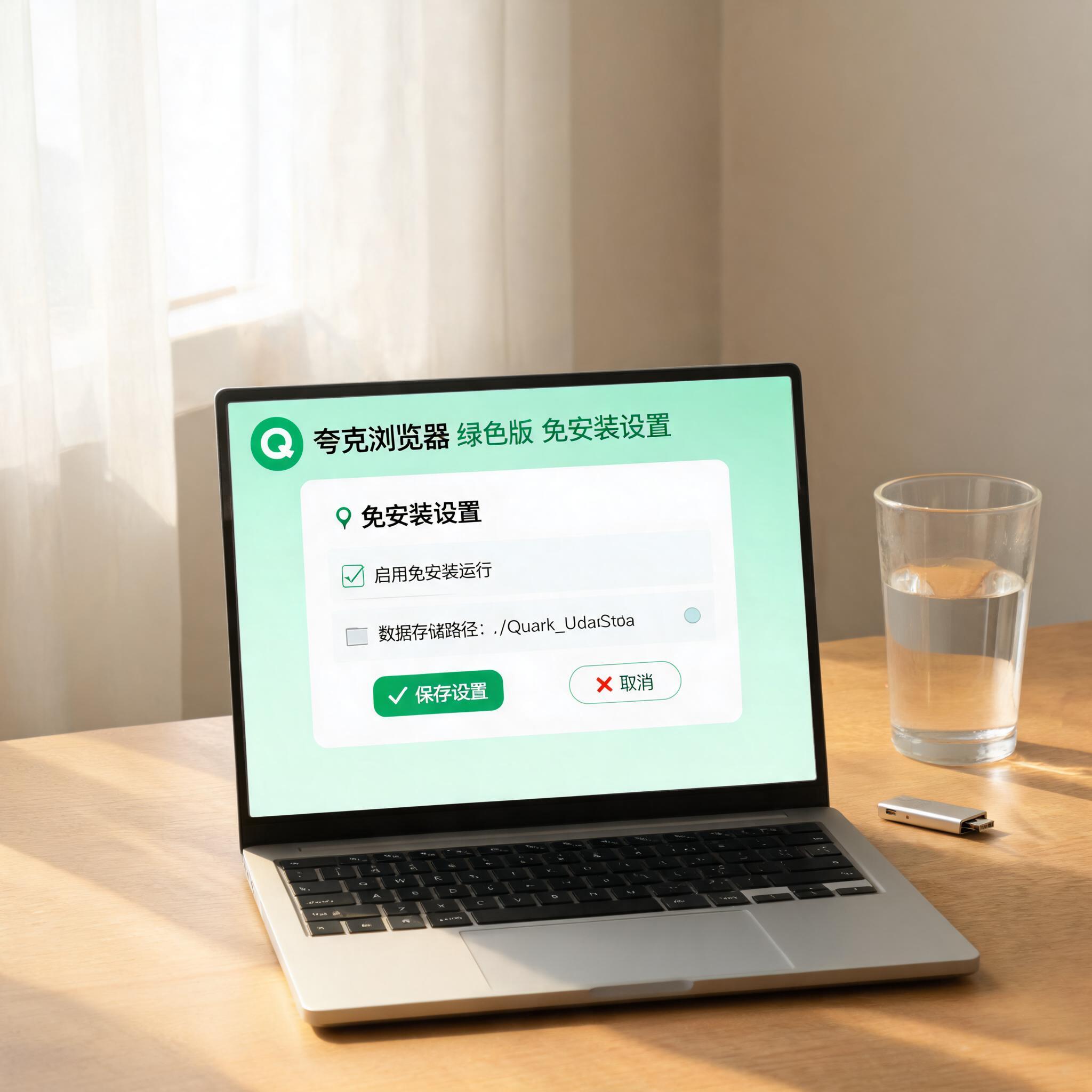 书桌上的U盘，屏幕显示夸克浏览器绿色版免安装设置界面，桌角放着水杯，自然光