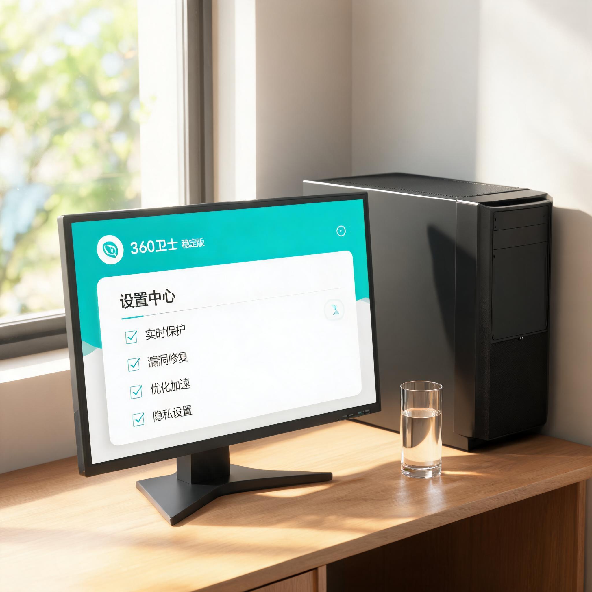 书桌上的主机，屏幕显示360 卫士稳定版设置界面，桌角放着水杯，自然光